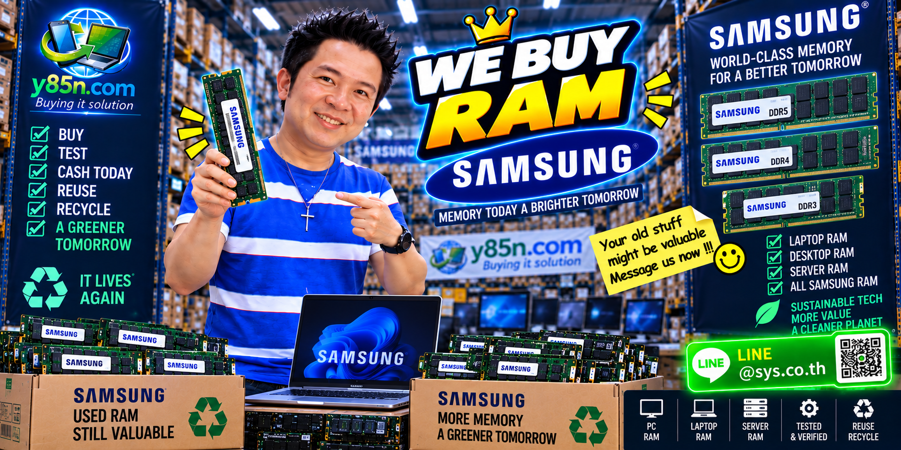 Busy Y85N.com warehouse promoting Samsung RAM buying in Thailand