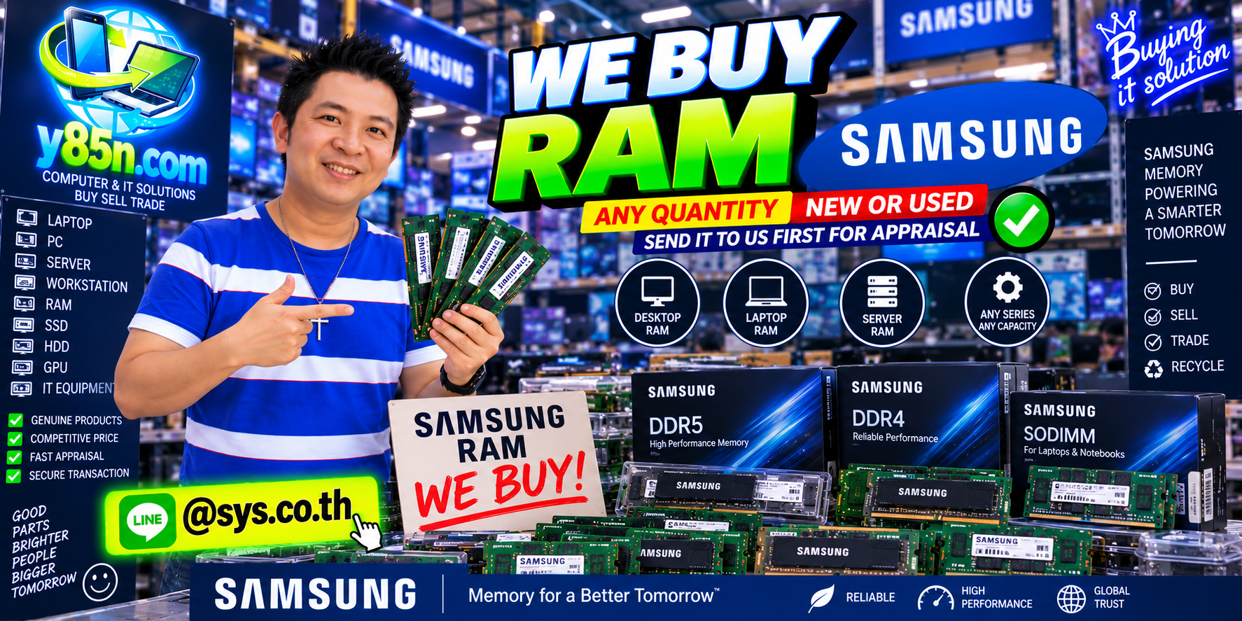 Y85N.com team and customers at a busy Samsung RAM buying warehouse