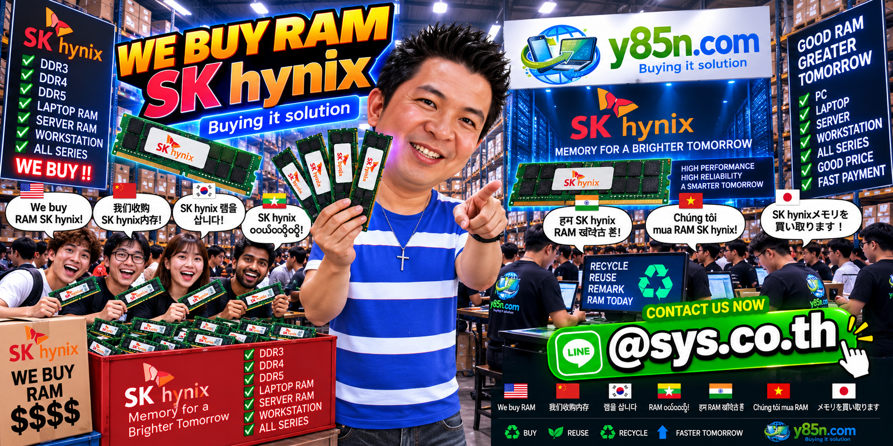 Y85N.com warehouse buying used and bulk SK hynix RAM from international sellers in Thailand
