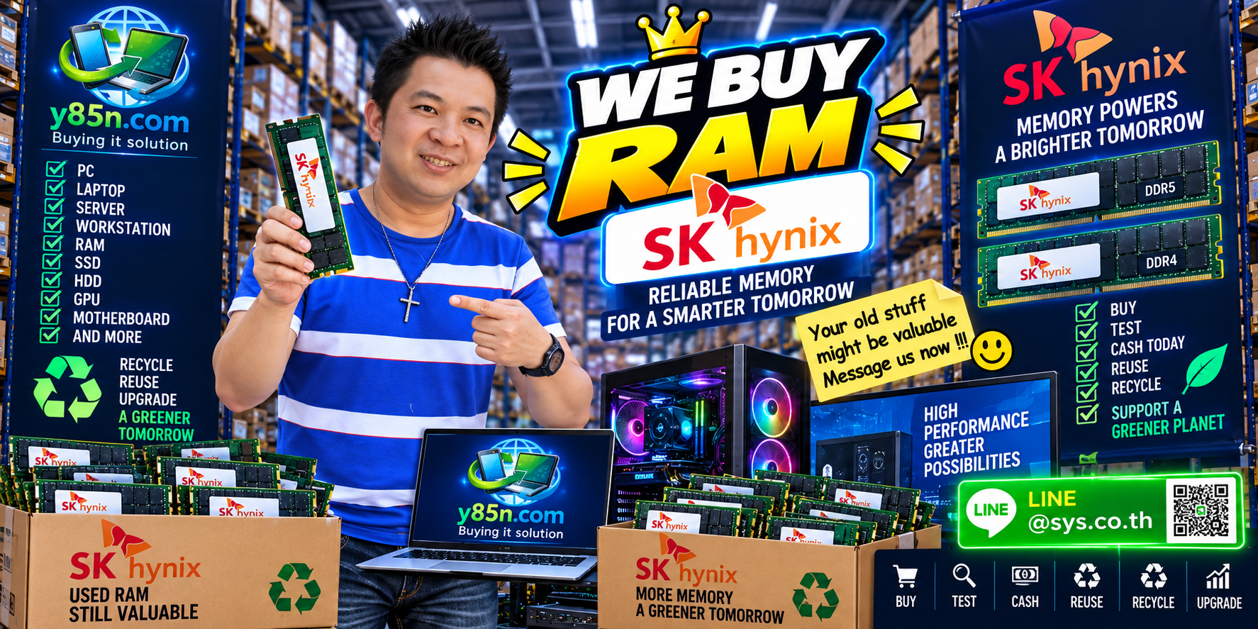 Busy Y85N.com computer warehouse promoting SK hynix RAM buying services in Thailand