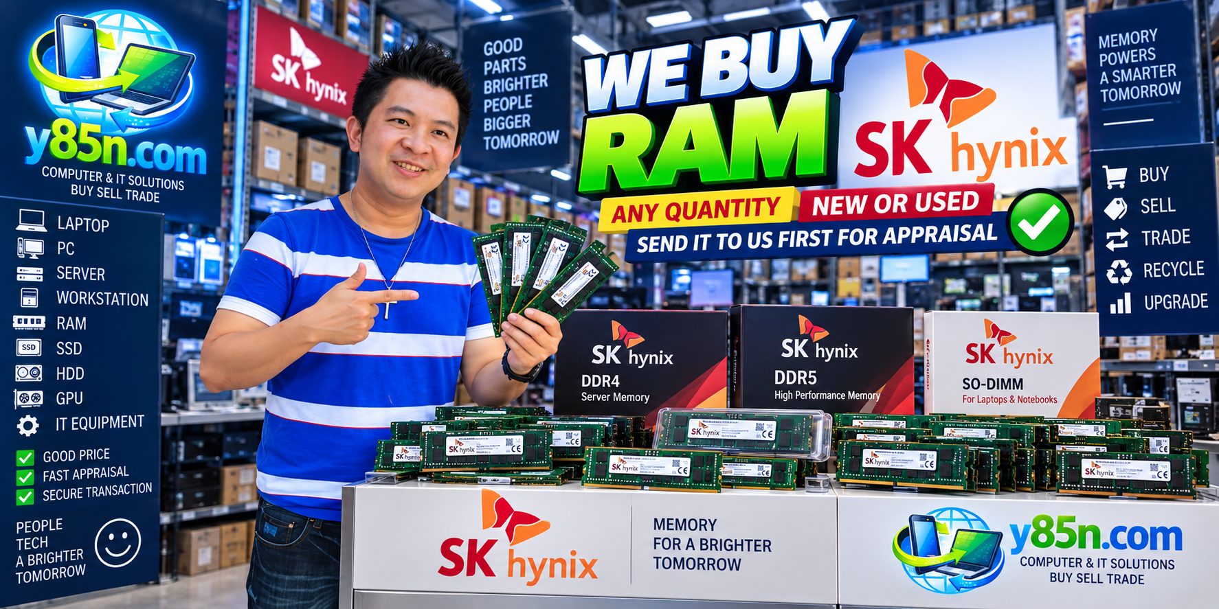 Y85N.com team and customers at a busy computer warehouse for SK hynix RAM buying in Thailand