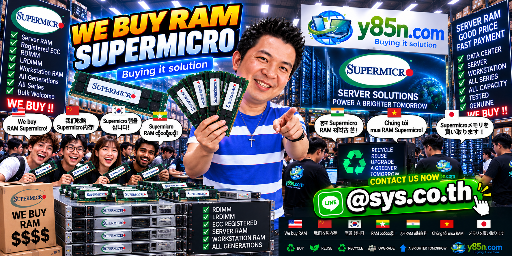Y85N.com warehouse buying used Supermicro RAM with international seller messaging in Thailand