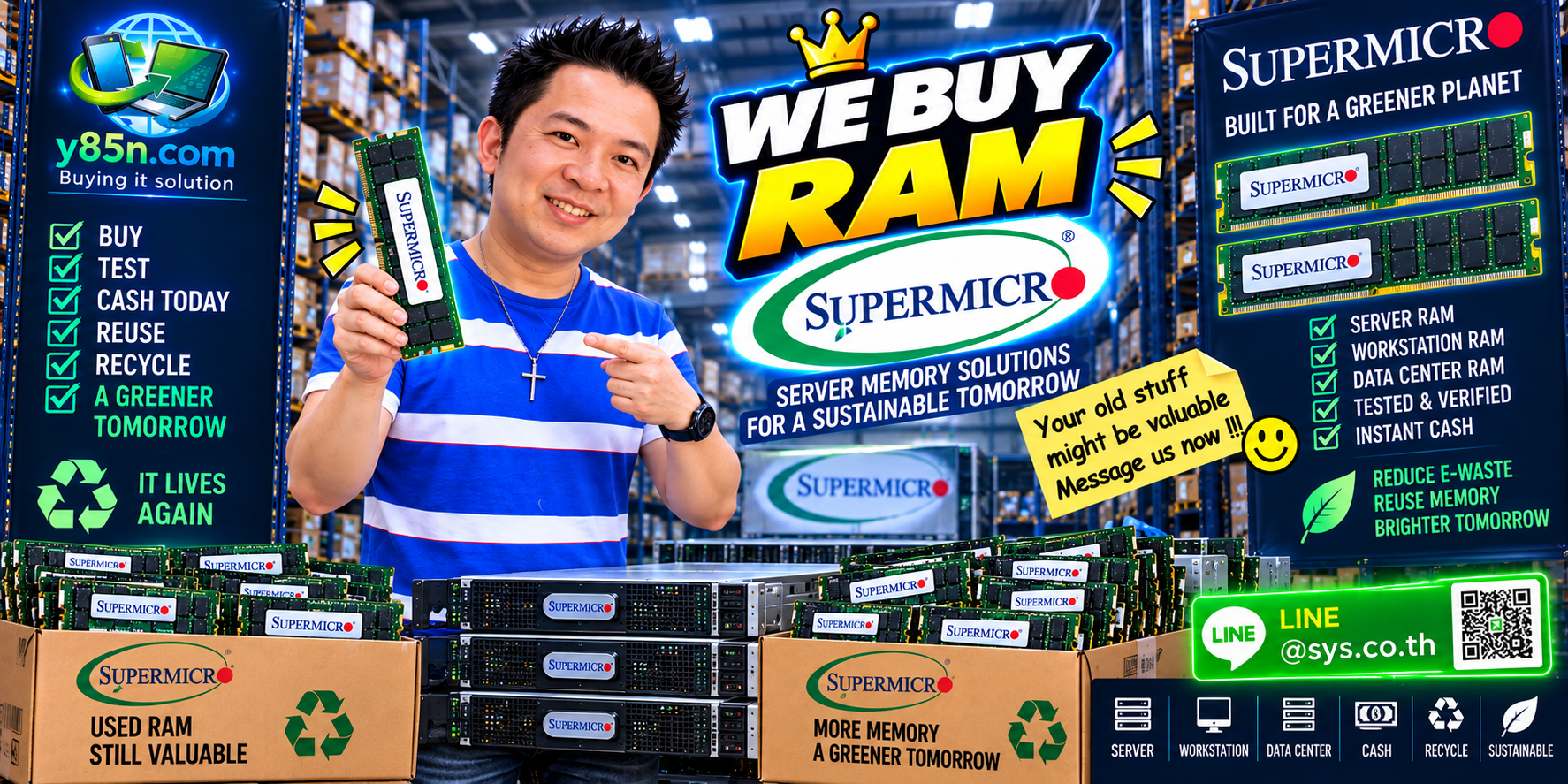 Busy Y85N.com IT warehouse presenting a professional Supermicro RAM buying service in Thailand