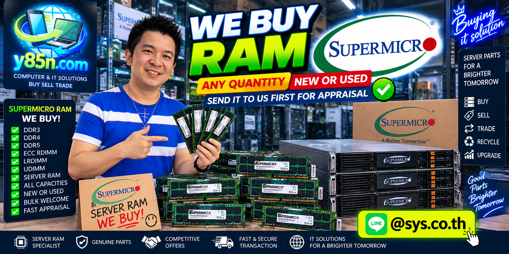 Y85N.com team and customers in a busy IT warehouse handling enterprise server memory and Supermicro RAM