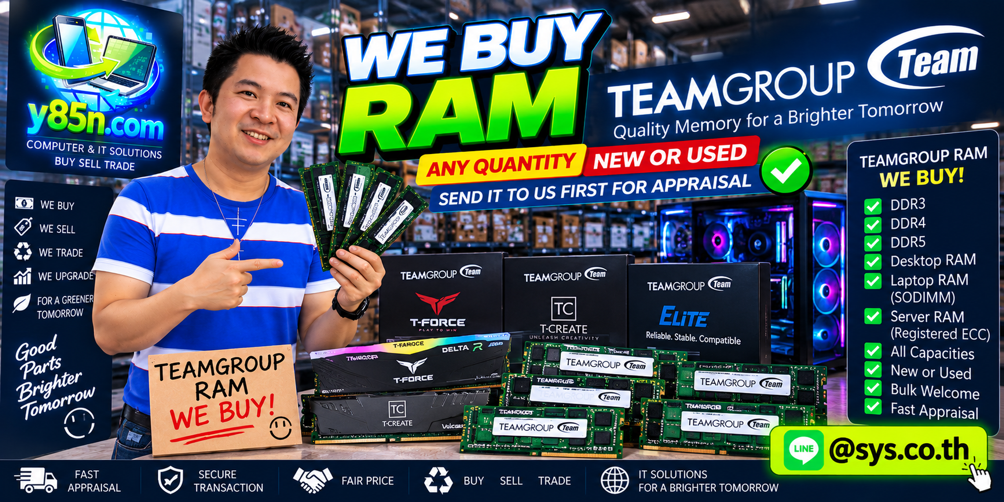 Y85N.com warehouse team buying TeamGroup RAM in bulk from customers in Thailand