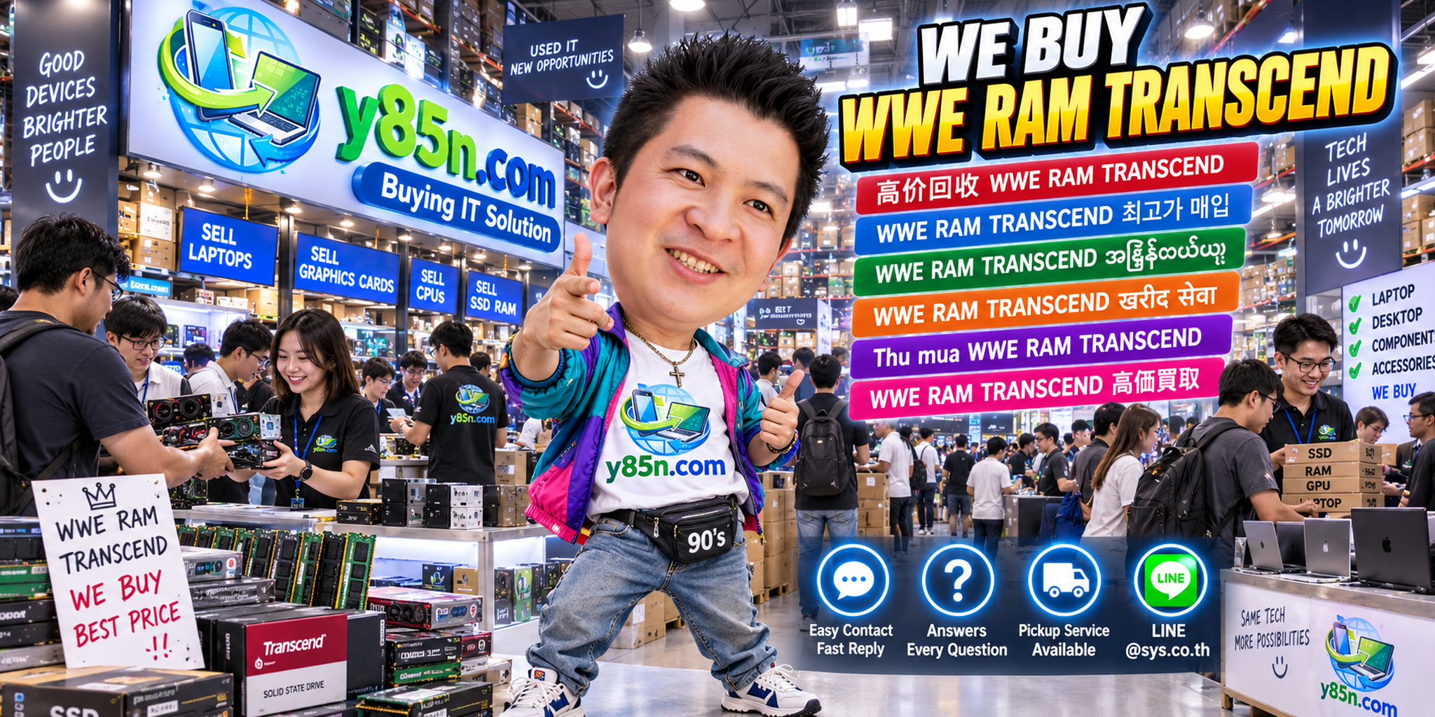 Y85N.com contact banner for selling Transcend RAM in Thailand via LINE at sys.co.th