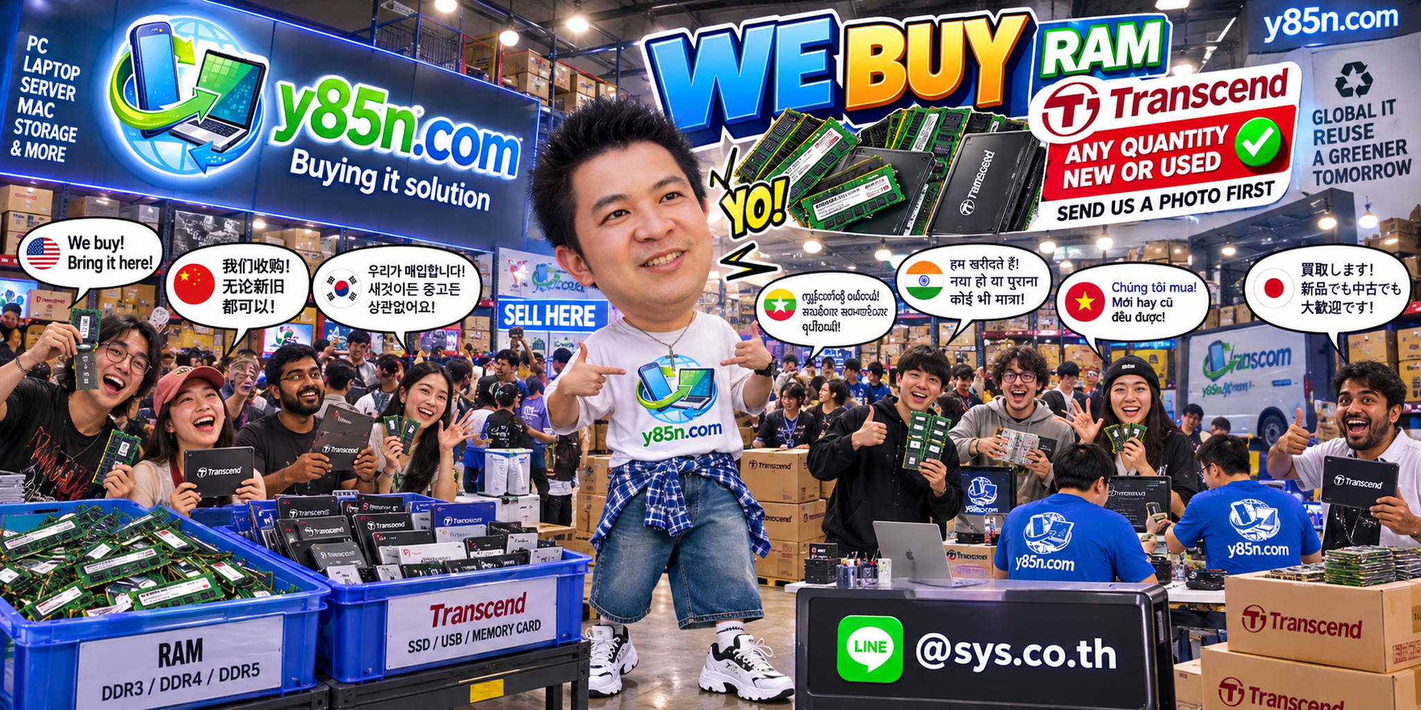 Y85N.com team and customers at a busy computer warehouse buying Transcend RAM and IT equipment