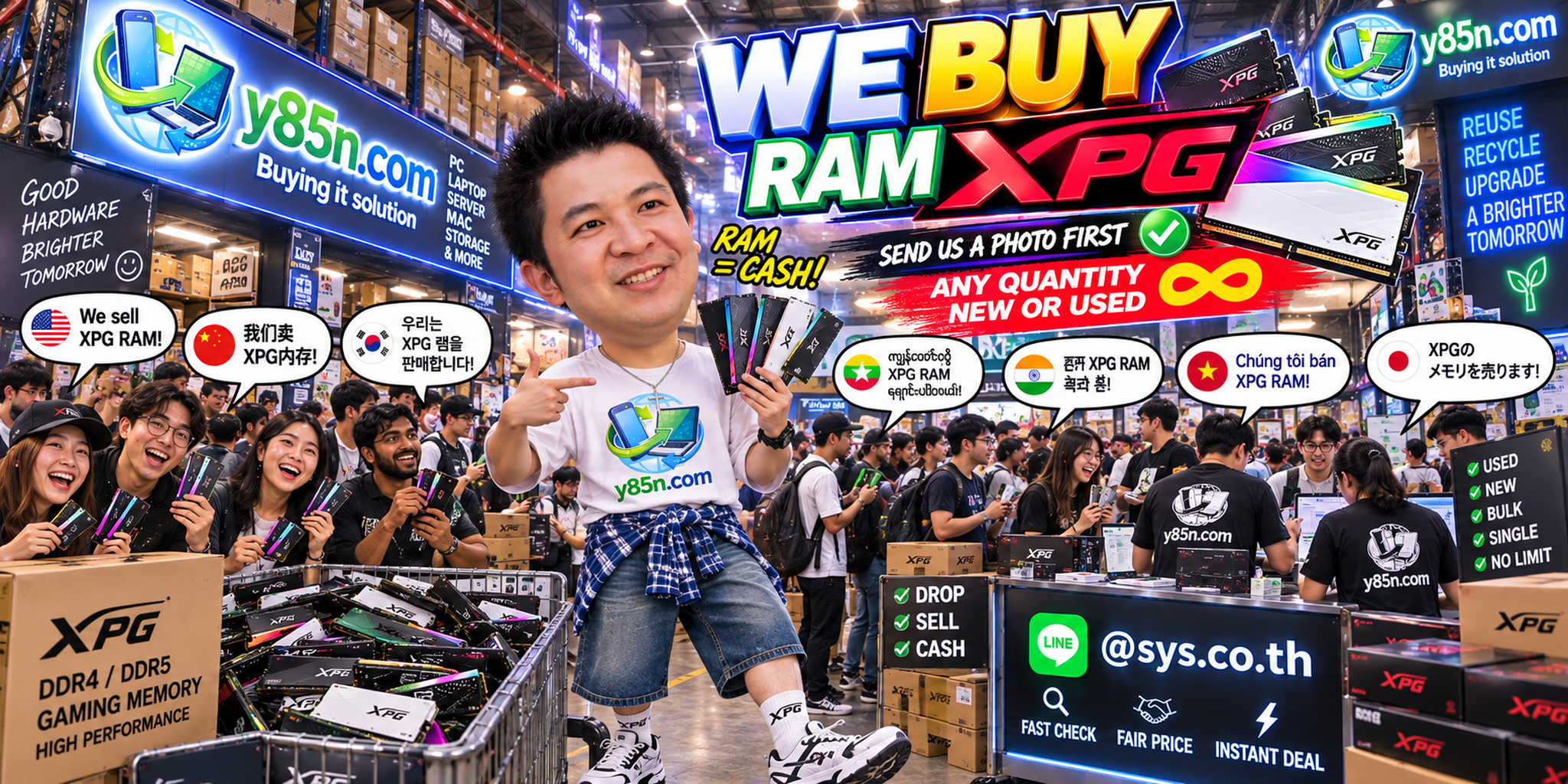 Y85N.com team and customers at a busy warehouse buying XPG RAM in Thailand