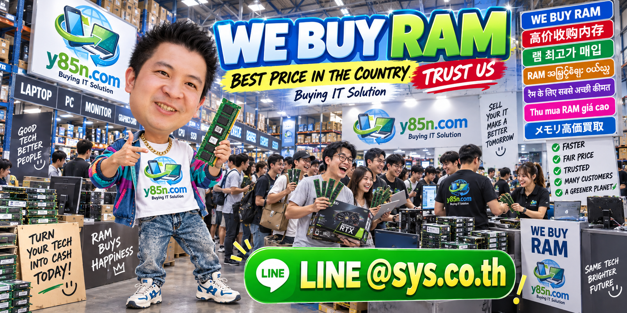 Y85N.com warehouse buying used RAM with international seller messaging in Thailand