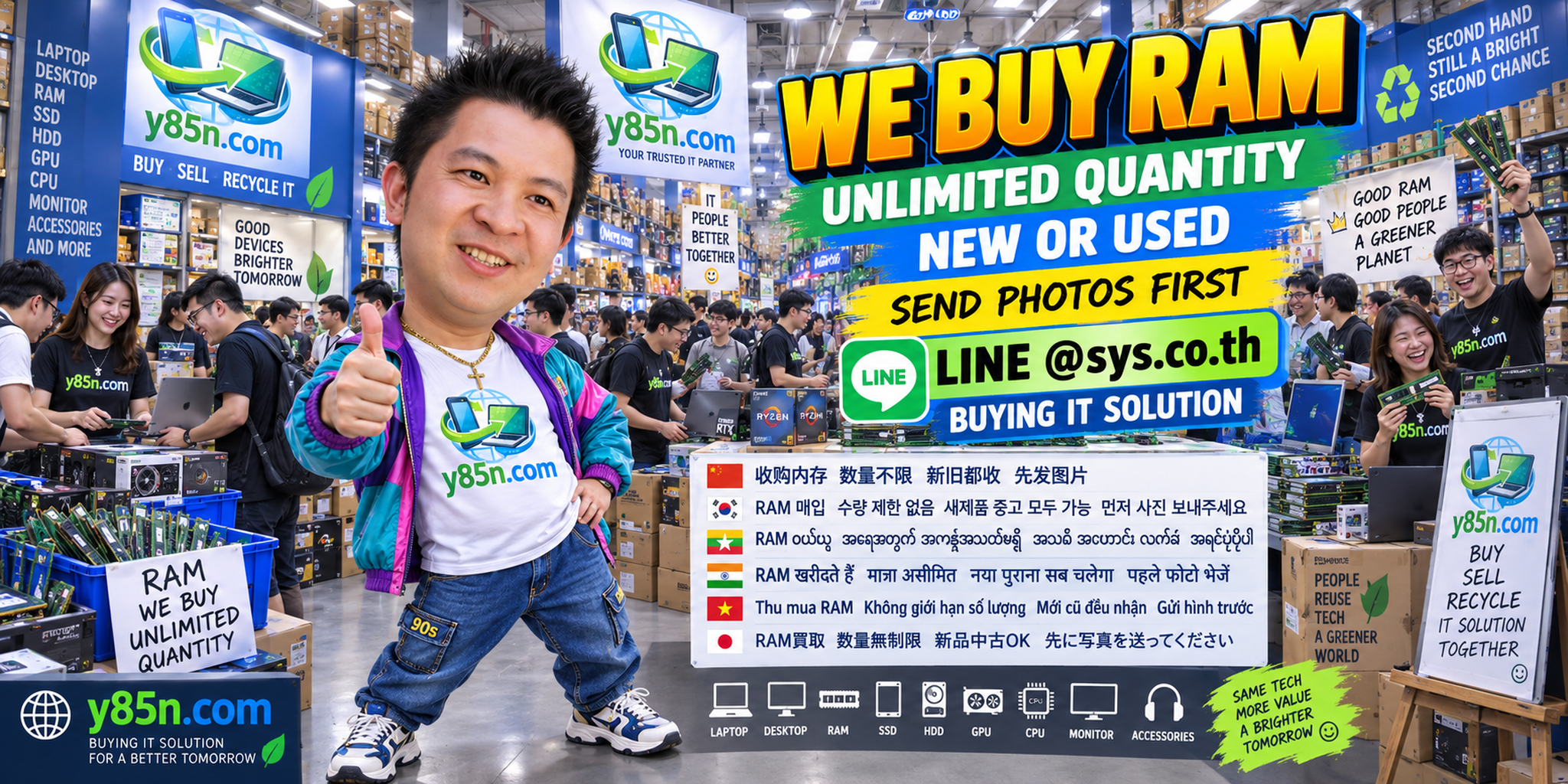 Y85N.com customers bringing RAM and computer memory to a busy IT buying warehouse in Thailand
