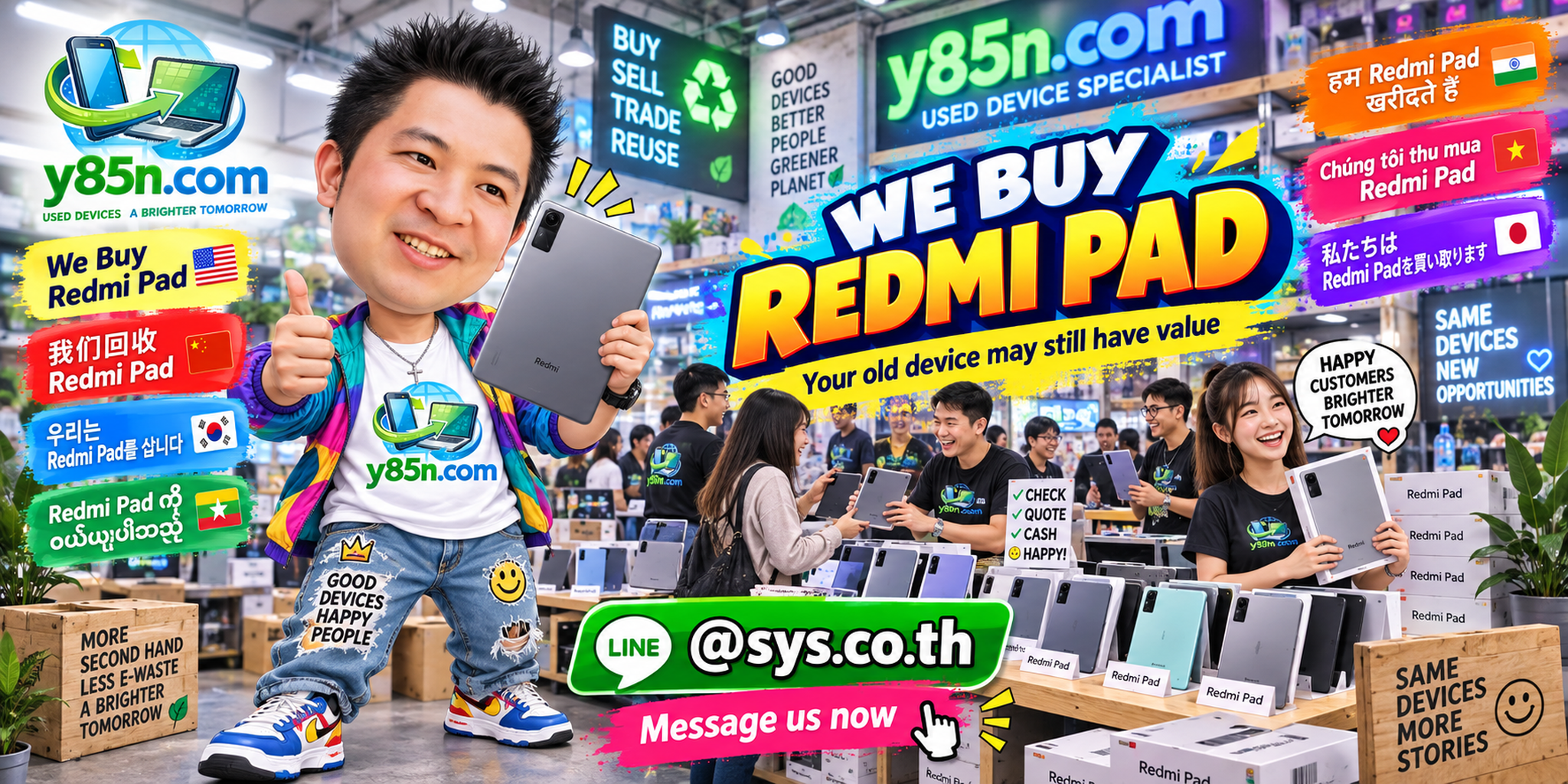 Busy Y85N.com technology warehouse showing a professional Redmi Pad buying service in Thailand