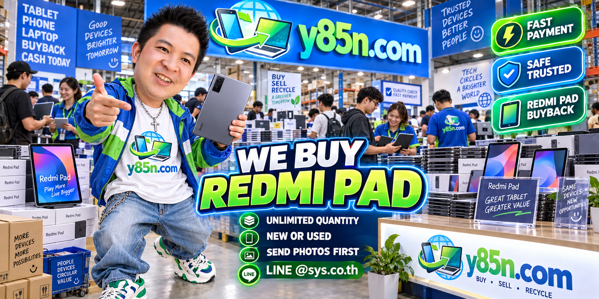Y85N.com team and customers at a busy technology warehouse for Redmi Pad and tablet buying in Thailand