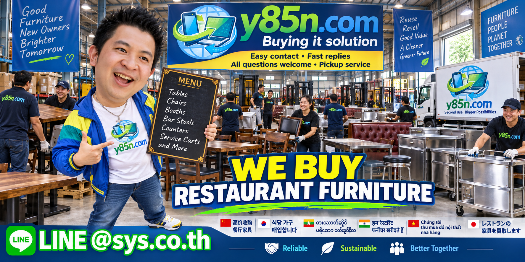 Y85N.com restaurant furniture buying service contact banner with LINE at sys.co.th
