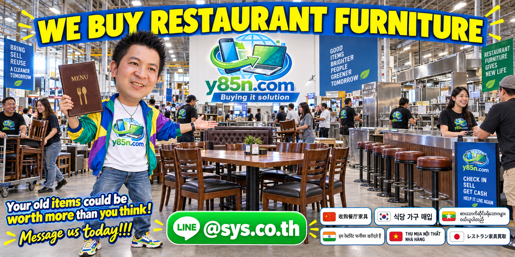 Busy Y85N.com restaurant furniture buying warehouse in Thailand
