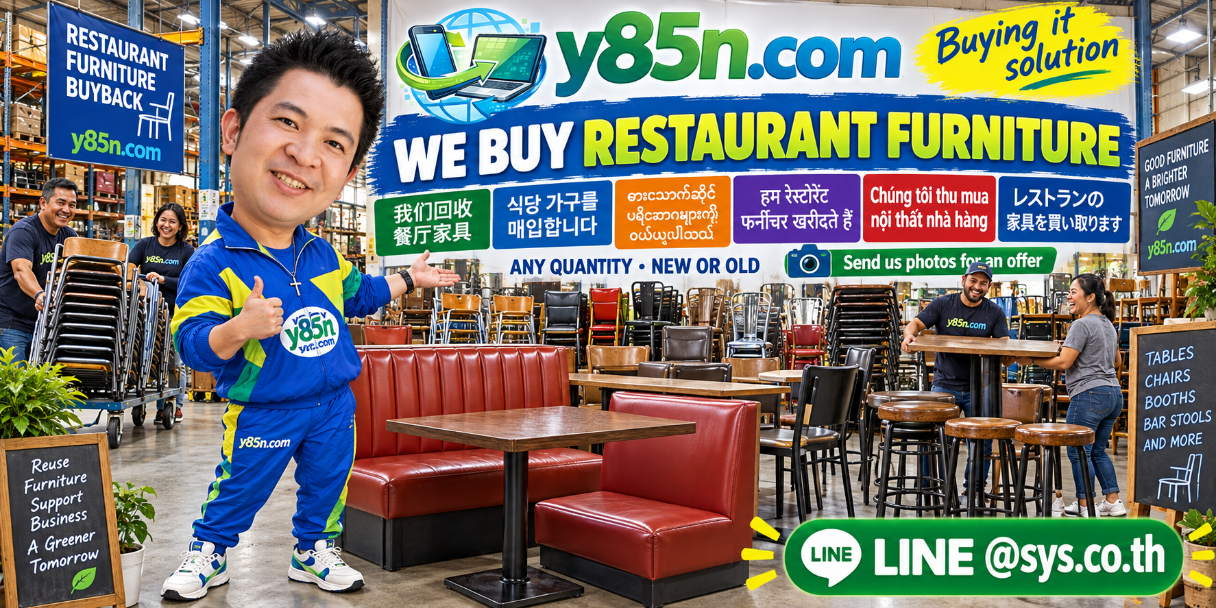 Y85N.com team handling restaurant tables, chairs and commercial furniture in a busy warehouse