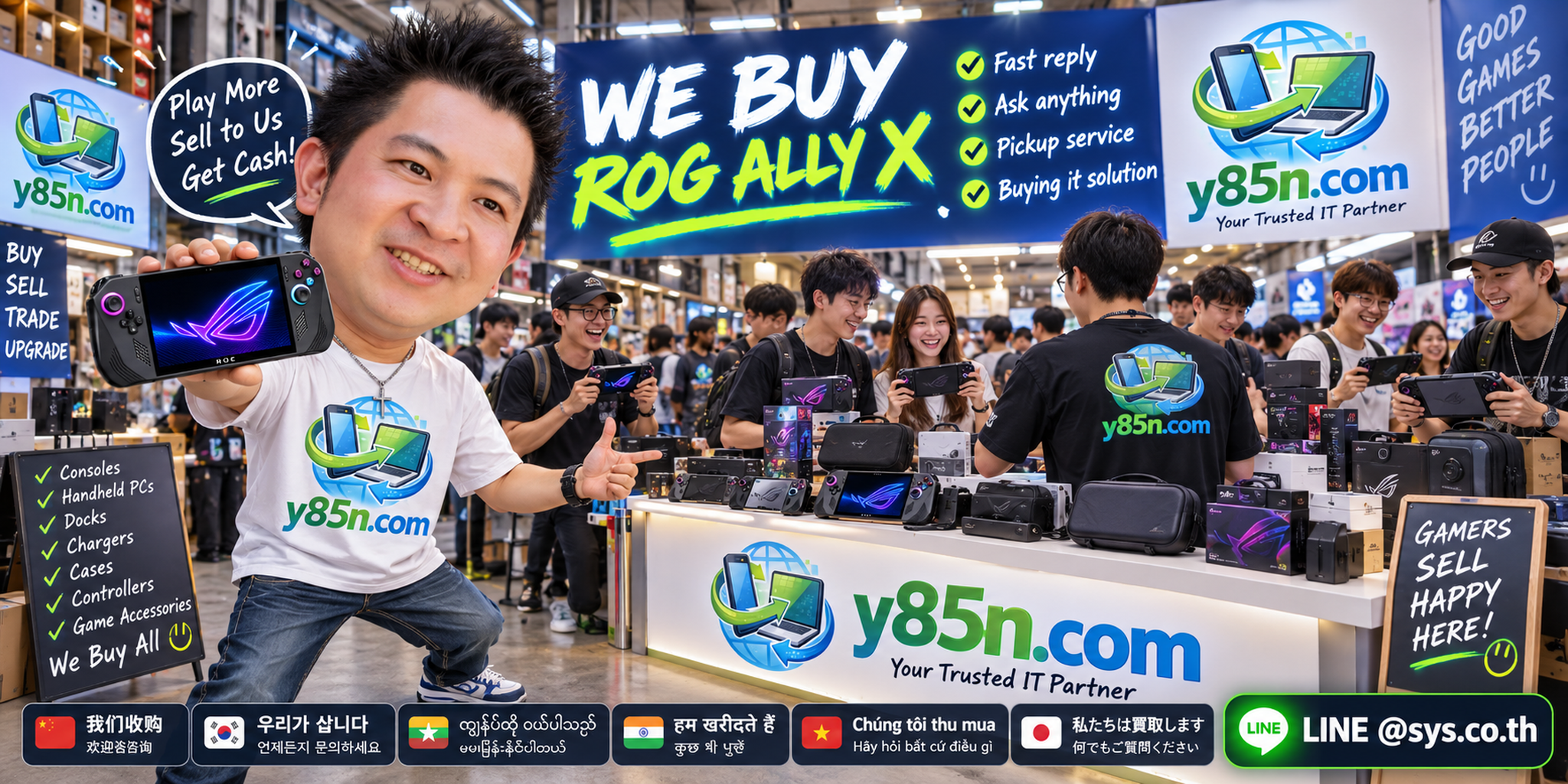 Y85N.com ROG Ally X buying service contact banner with LINE at sys.co.th