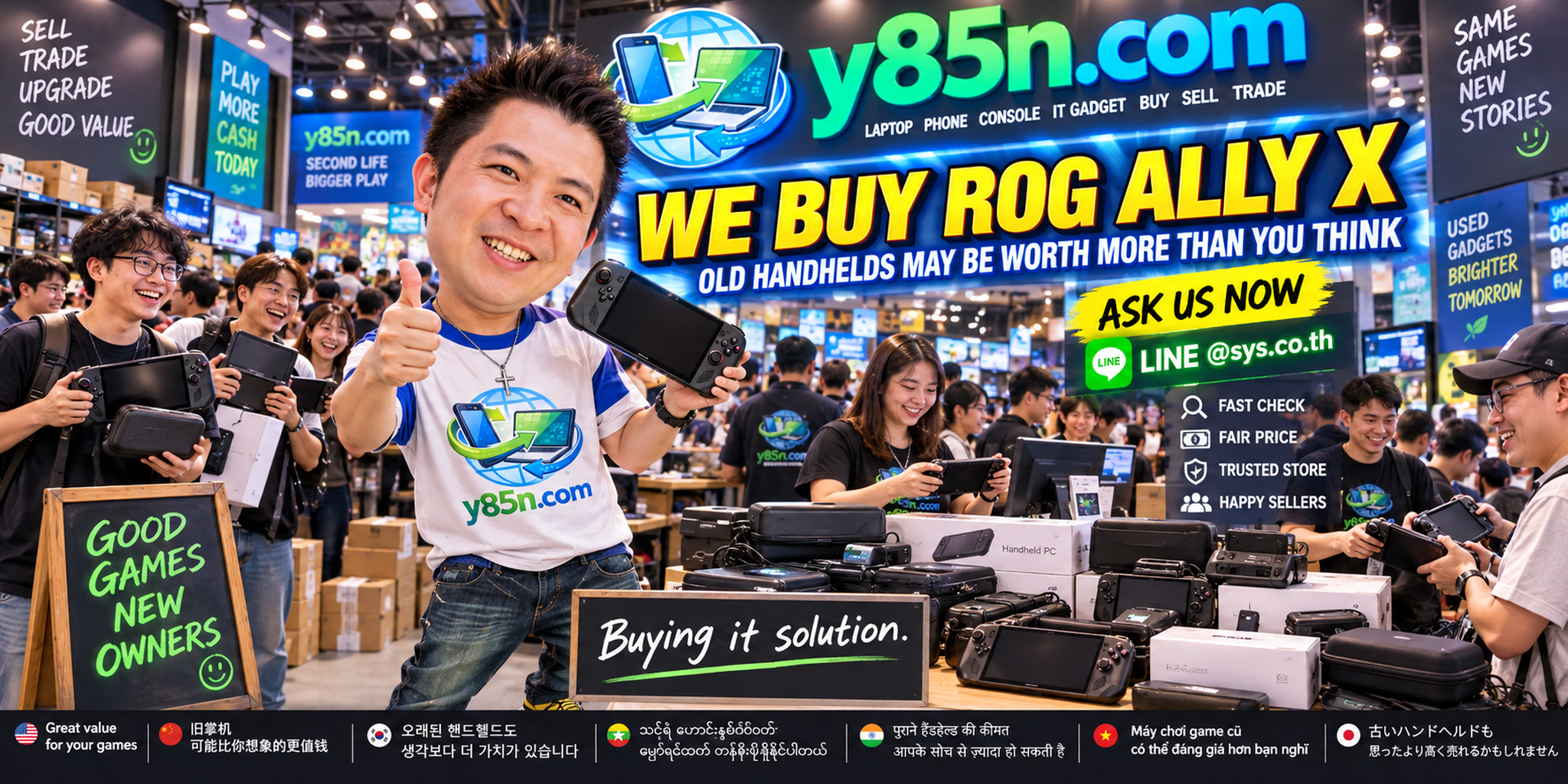 Busy Y85N.com gaming warehouse showing a ROG Ally X buying service in Thailand