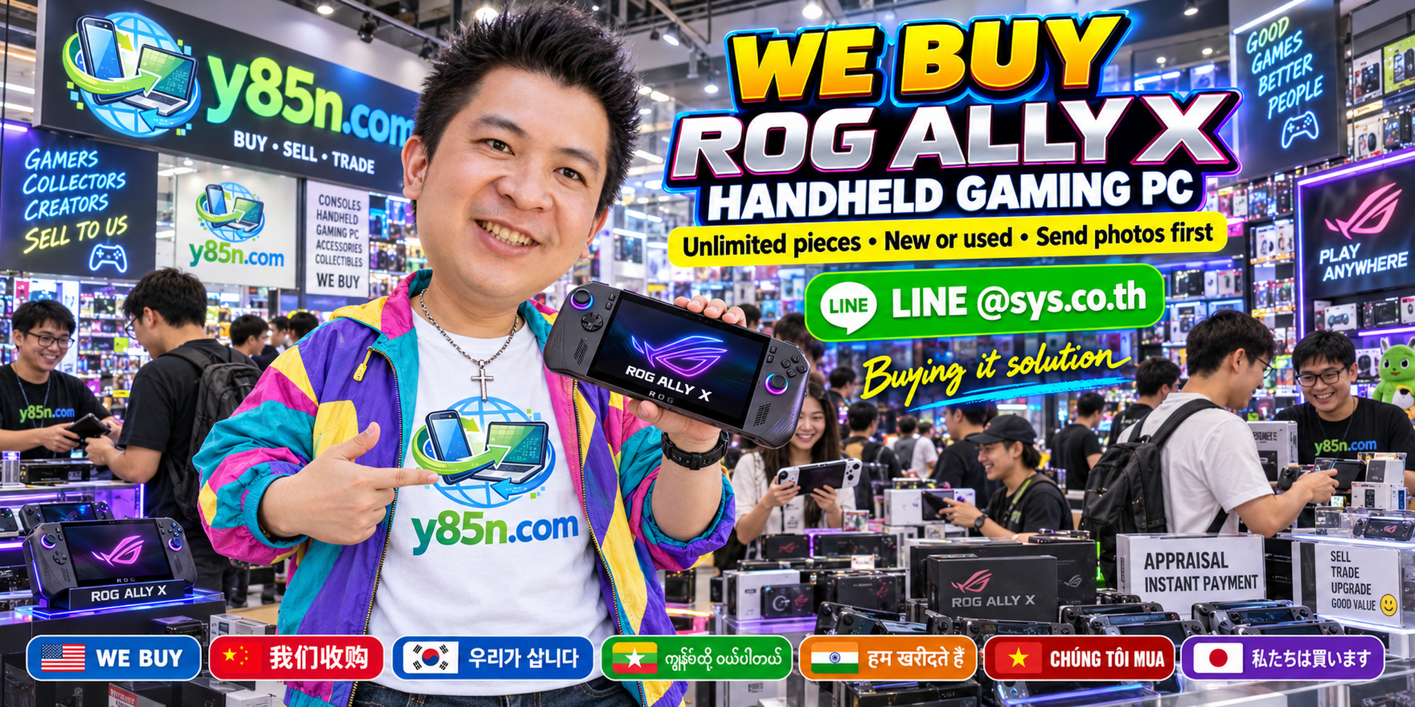 Y85N.com team and customers at a busy ROG Ally X gaming handheld buying warehouse