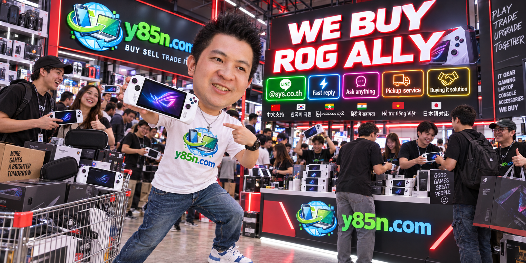 Y85N.com ROG Ally buying service contact banner with LINE at sys.co.th