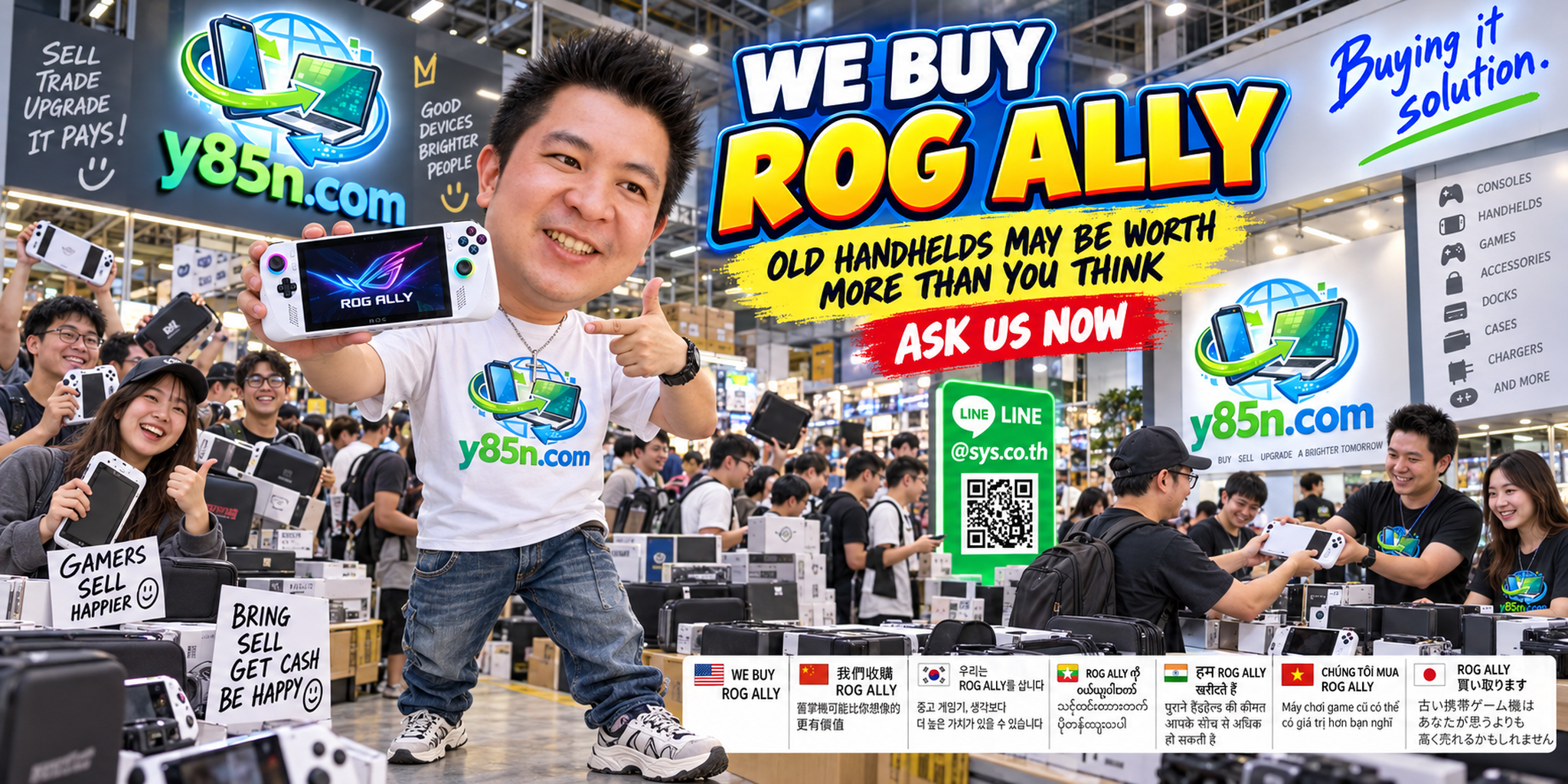 Busy Y85N.com gaming warehouse buying ROG Ally handhelds in Thailand