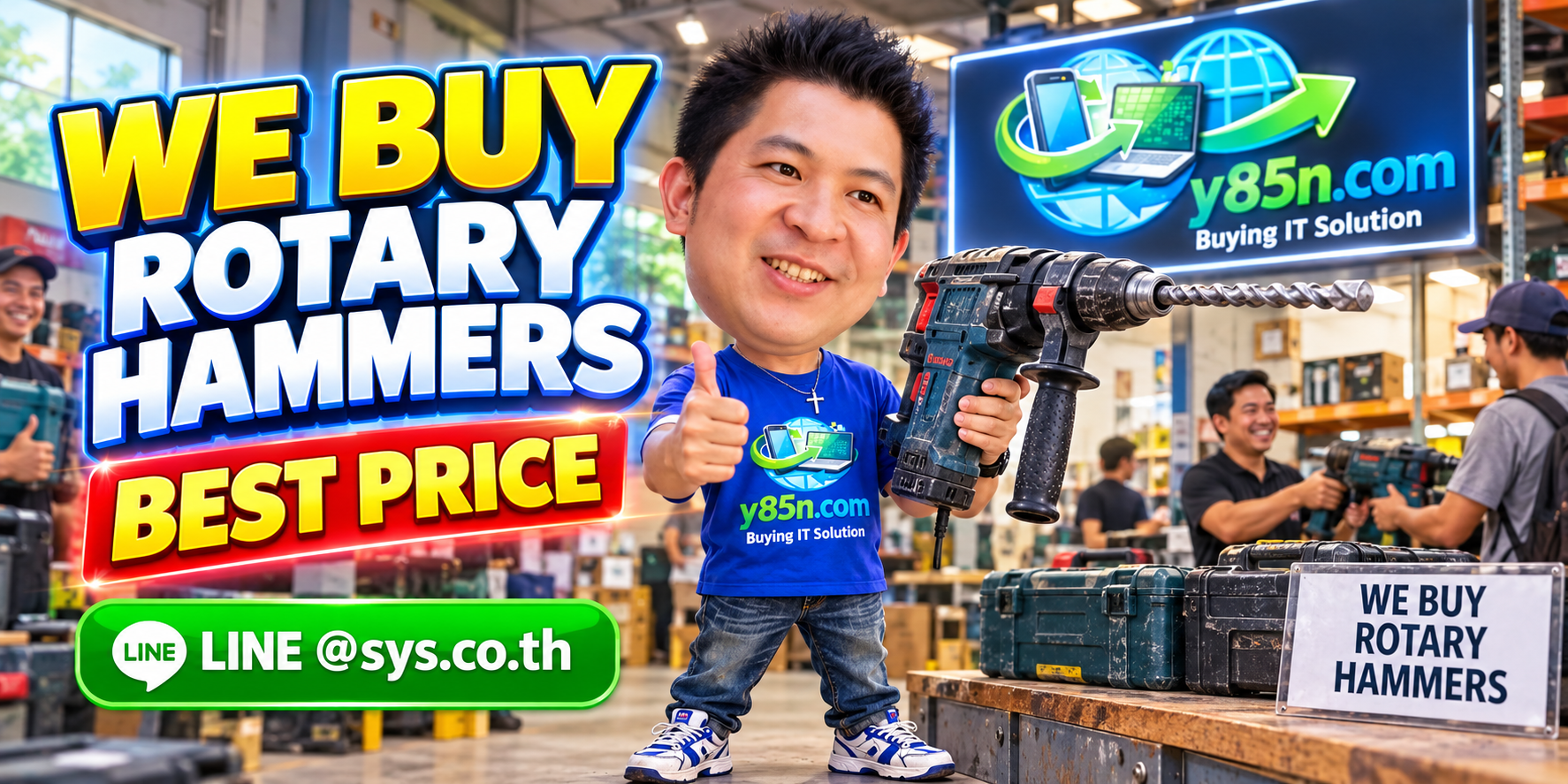 Y85N.com warehouse buying used rotary hammers with international seller messaging