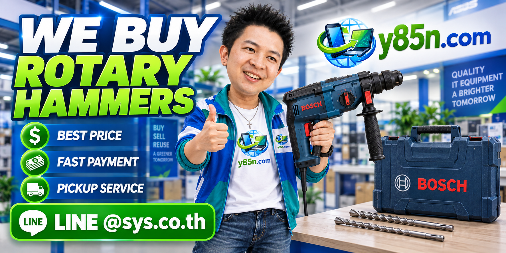 Y85N.com rotary hammer buying service contact banner with LINE at sys.co.th