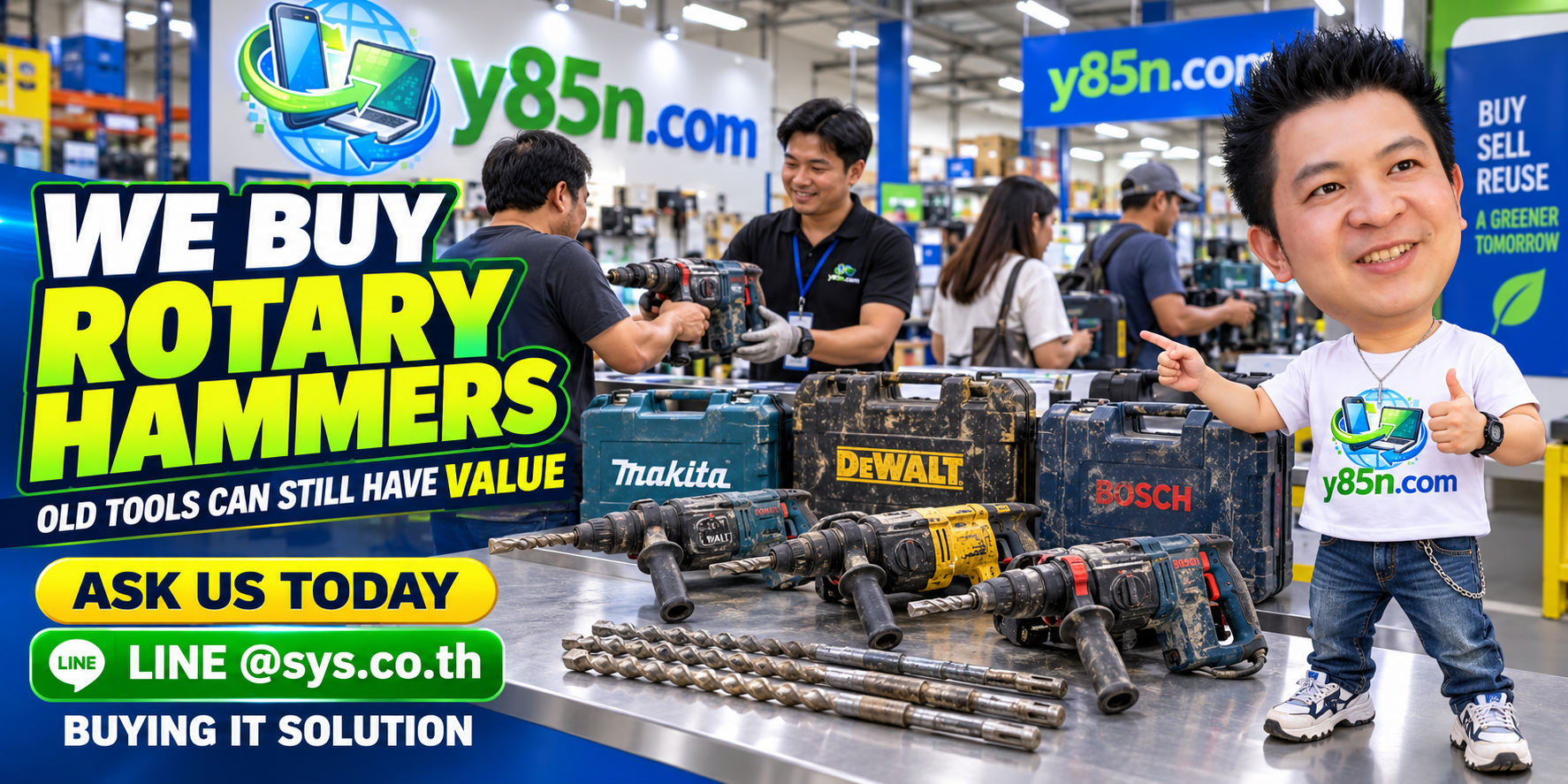 Busy Y85N.com warehouse buying used rotary hammers in Thailand