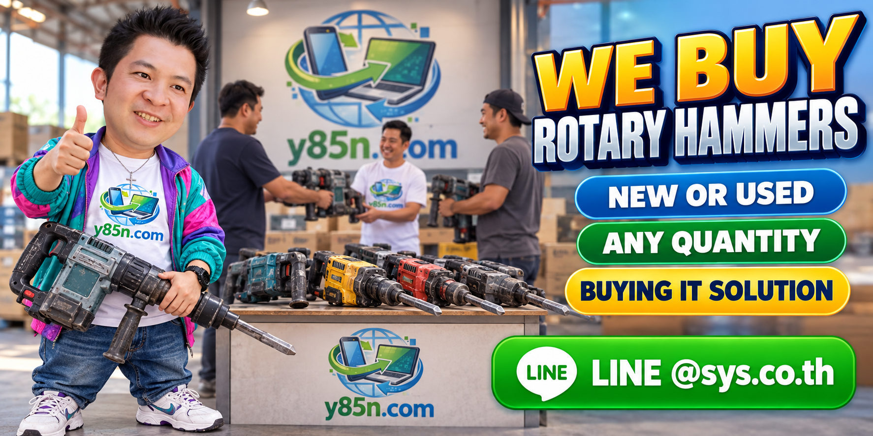 Y85N.com team and customers at a busy warehouse buying rotary hammers and professional power tools