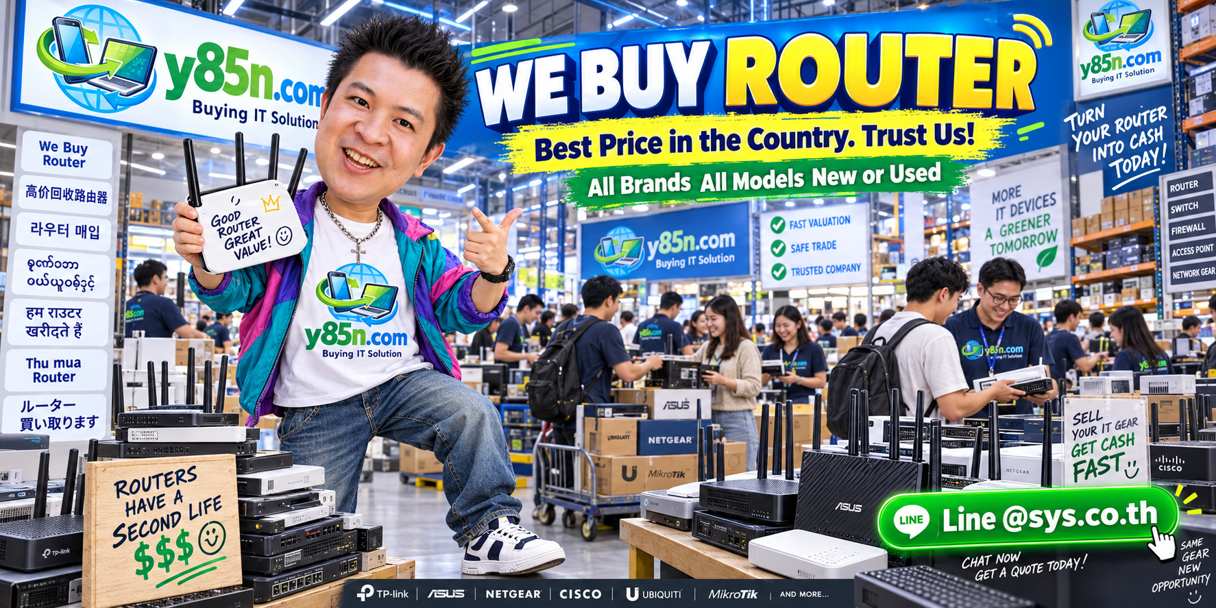 Y85N.com warehouse buying used routers and network equipment from international sellers in Thailand