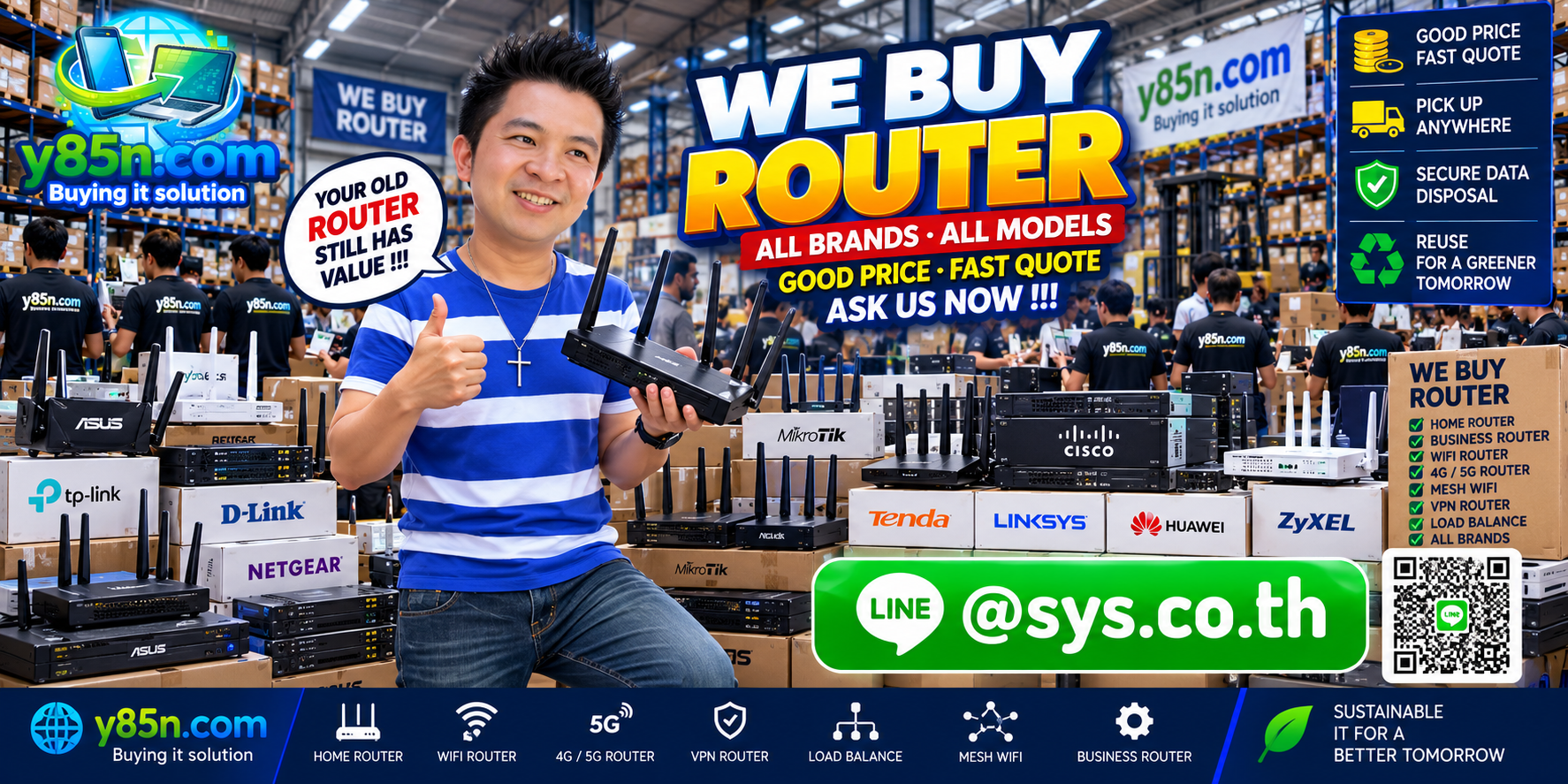 Busy Y85N.com IT warehouse showing professional router buyback service in Thailand