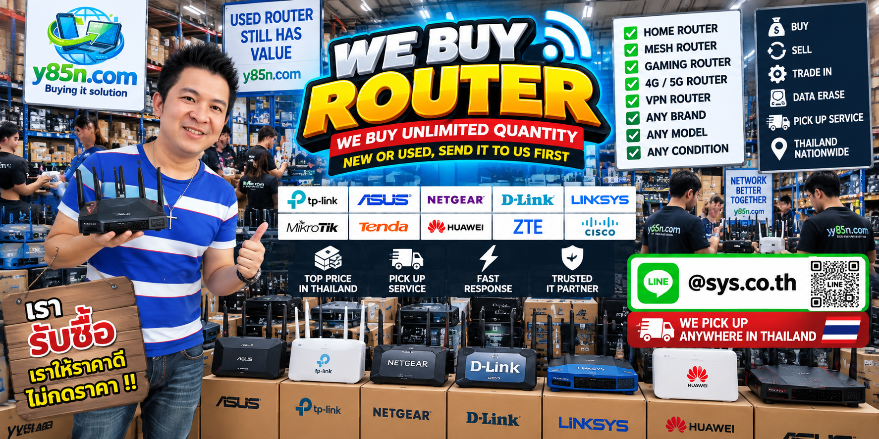 Y85N.com team and customers at a busy router and network equipment buying warehouse