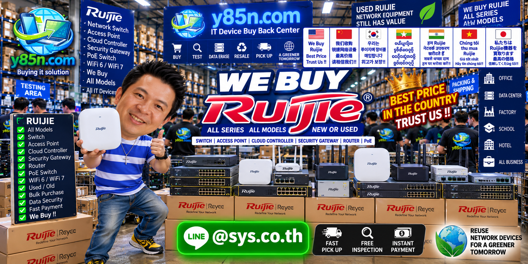 Y85N.com warehouse buying used Ruijie network equipment with international seller messaging