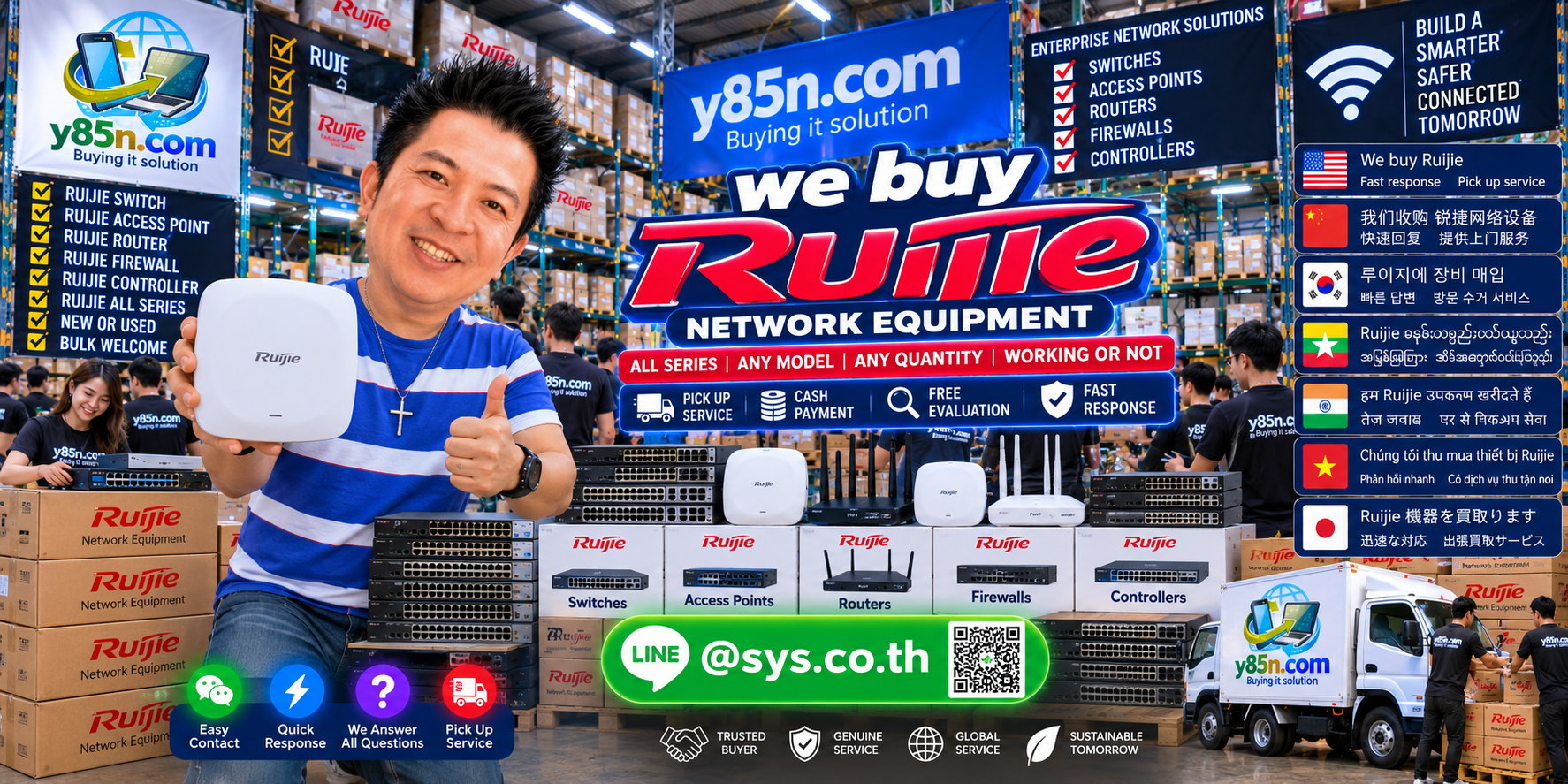 Y85N.com Ruijie network equipment buying contact banner with LINE at sys.co.th
