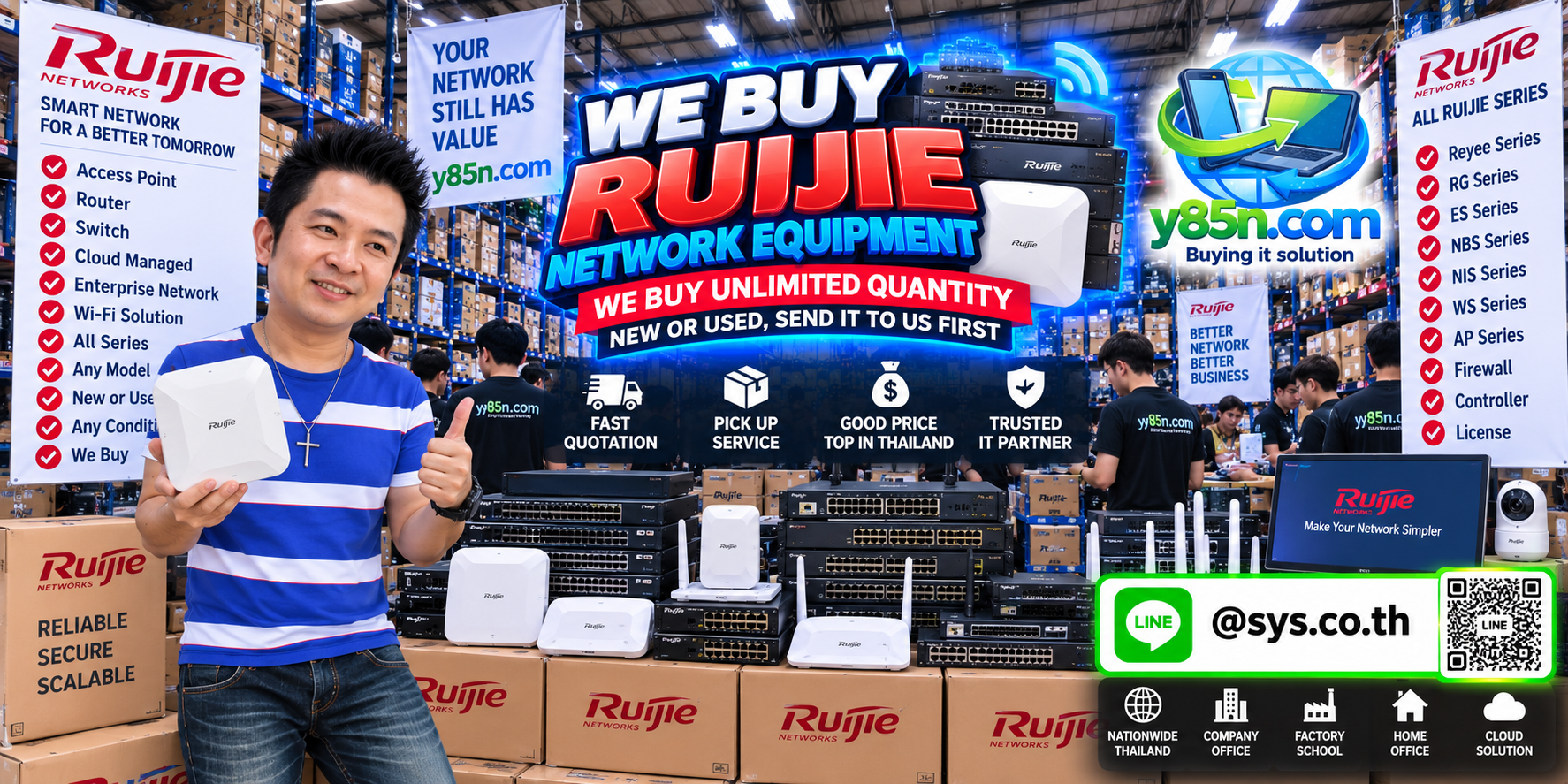 Y85N.com team and customers at a busy warehouse buying used Ruijie network equipment
