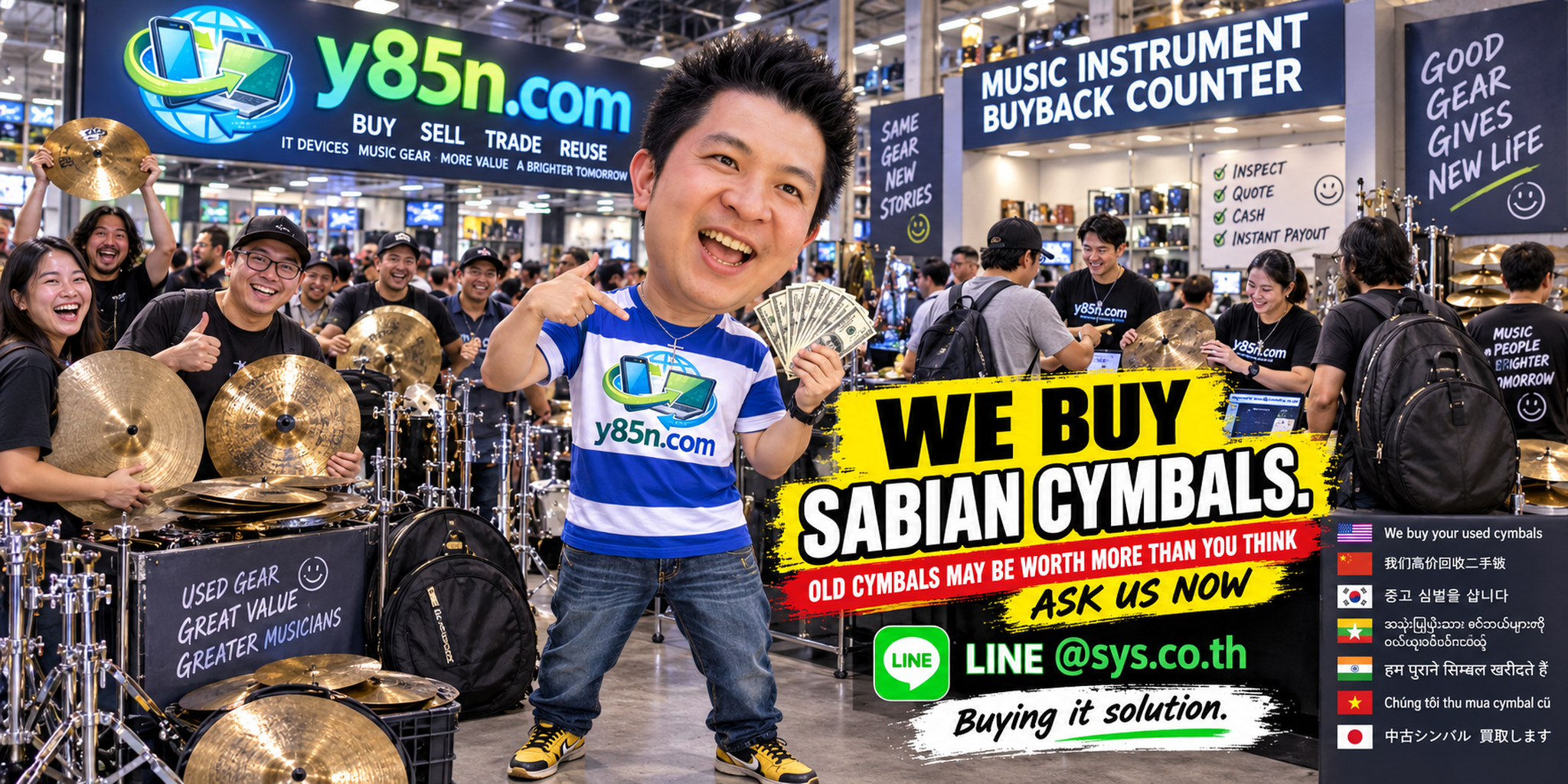 Y85N.com buying SABIAN cymbals in a busy Thailand warehouse