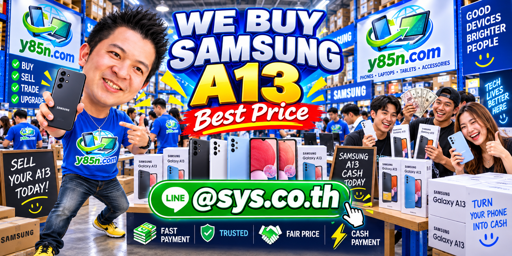 Y85N.com warehouse buying Samsung Galaxy A13 phones with international seller support