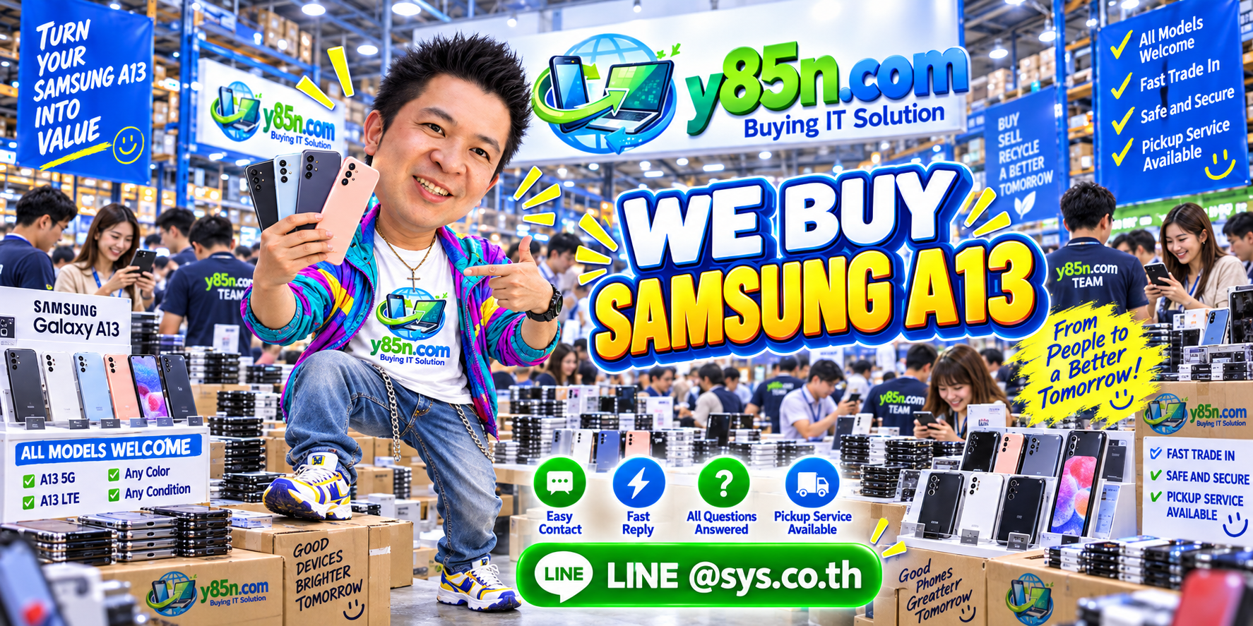 Y85N.com Samsung A13 buying service contact banner with LINE at sys.co.th