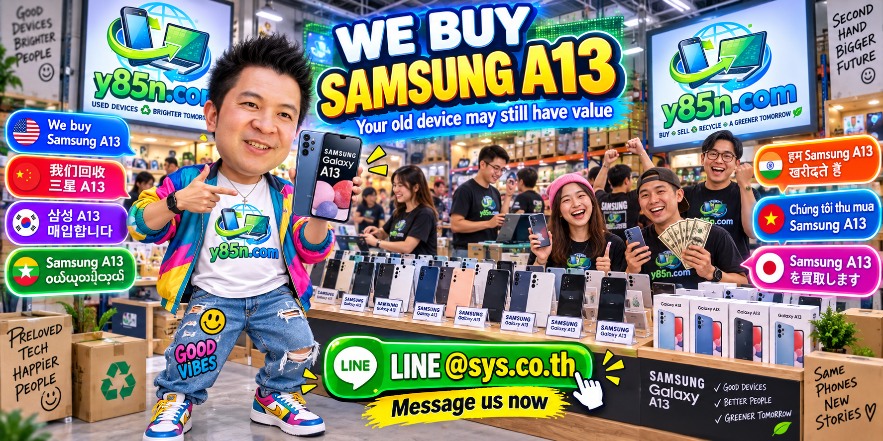 Busy Y85N.com warehouse style Samsung Galaxy A13 buying service in Thailand