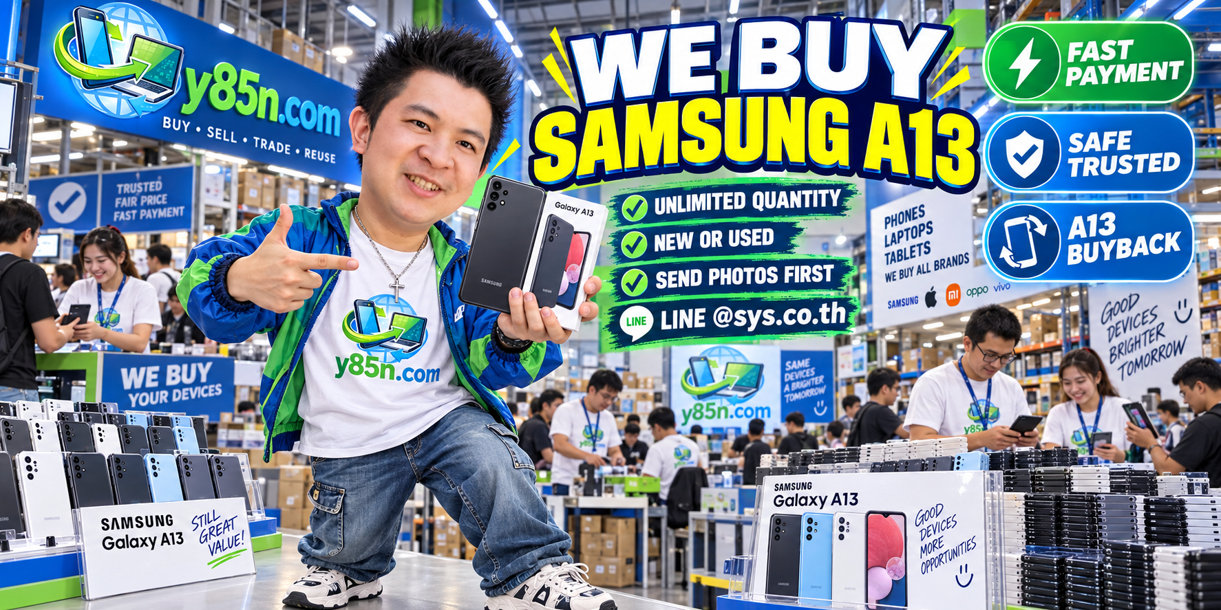 Y85N.com team and customers at a busy Samsung A13 and used phone buying warehouse