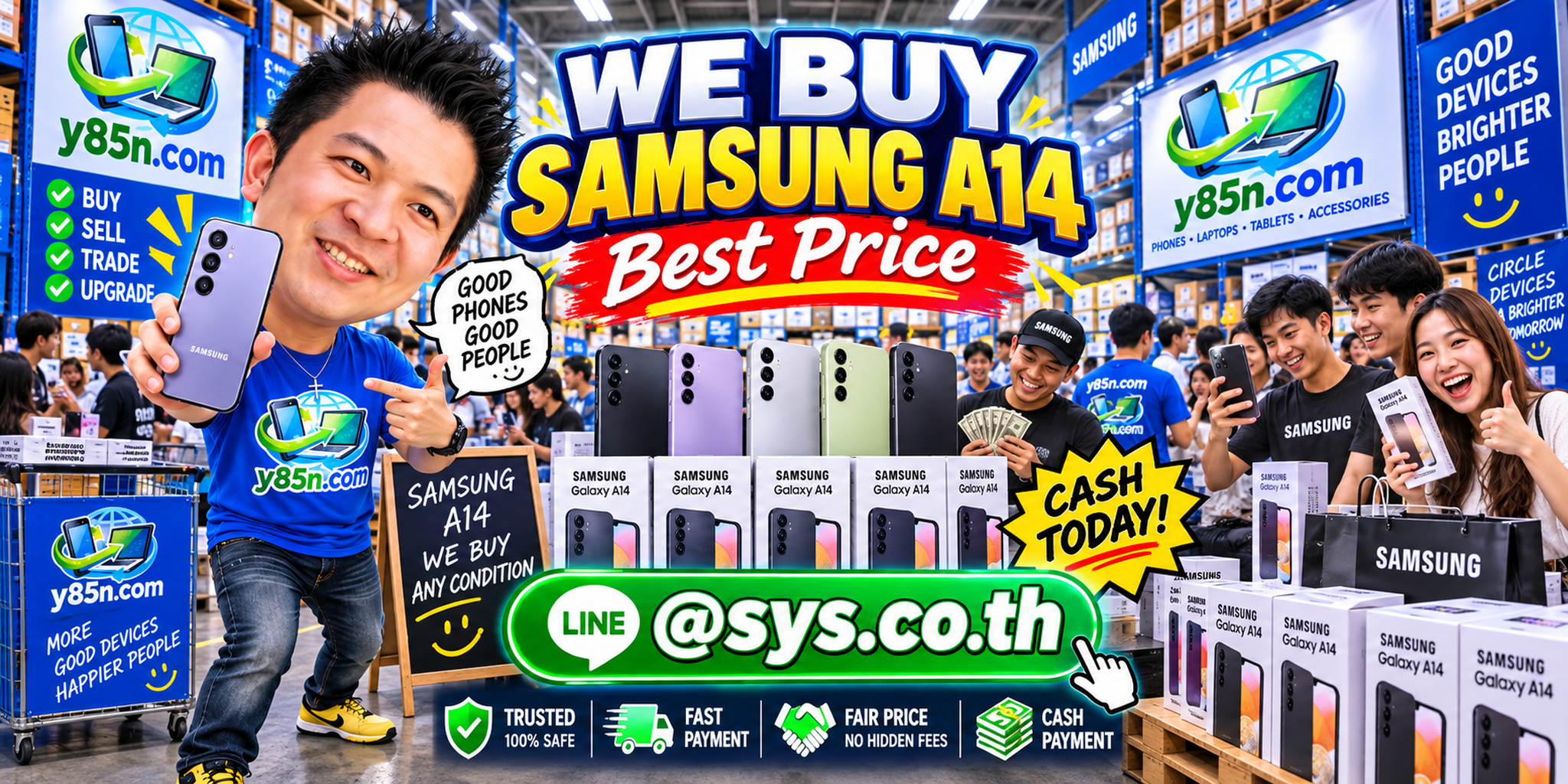 Y85N.com warehouse buying Samsung Galaxy A14 phones from sellers in Thailand