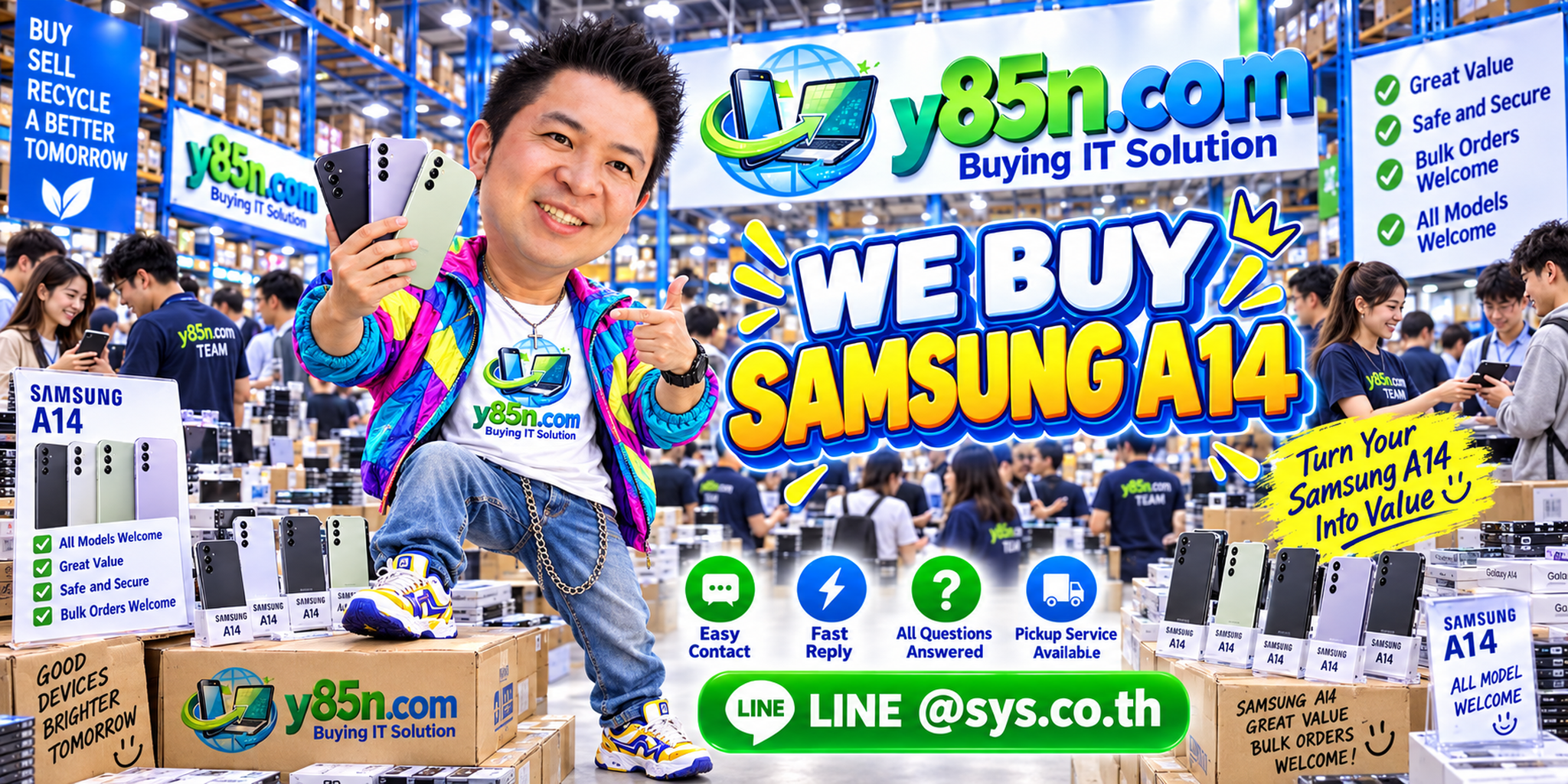Y85N.com Samsung A14 buying contact banner with LINE at sys.co.th
