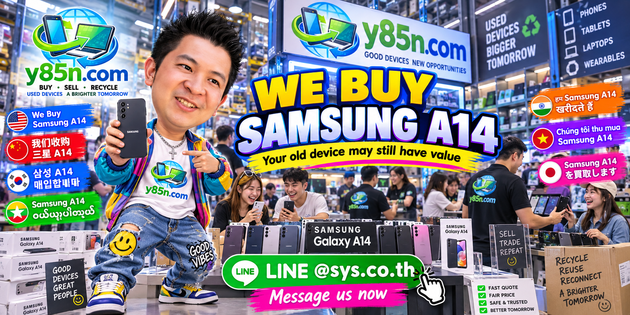 Busy Y85N.com warehouse buying Samsung Galaxy A14 phones in Thailand