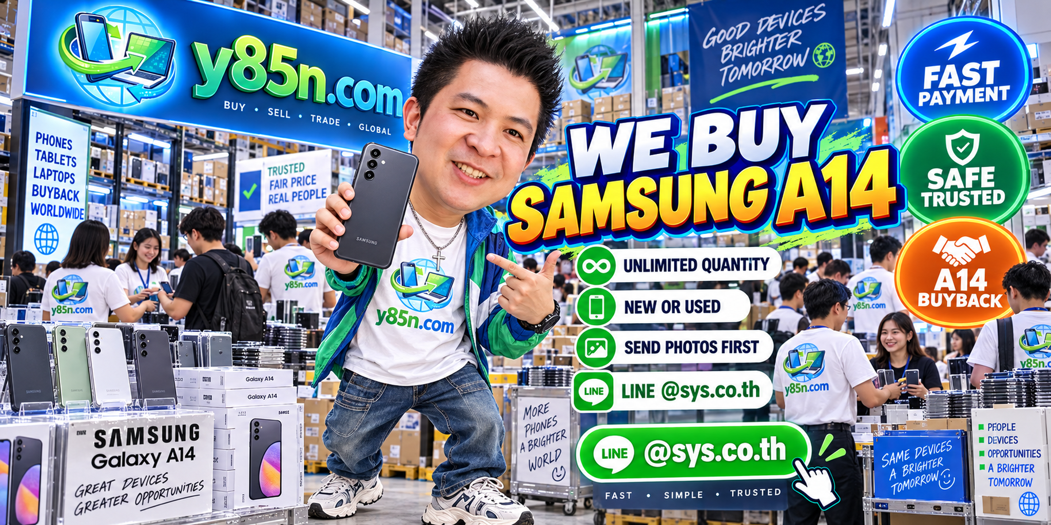 Y85N.com Samsung Galaxy A14 buying service in a busy technology warehouse