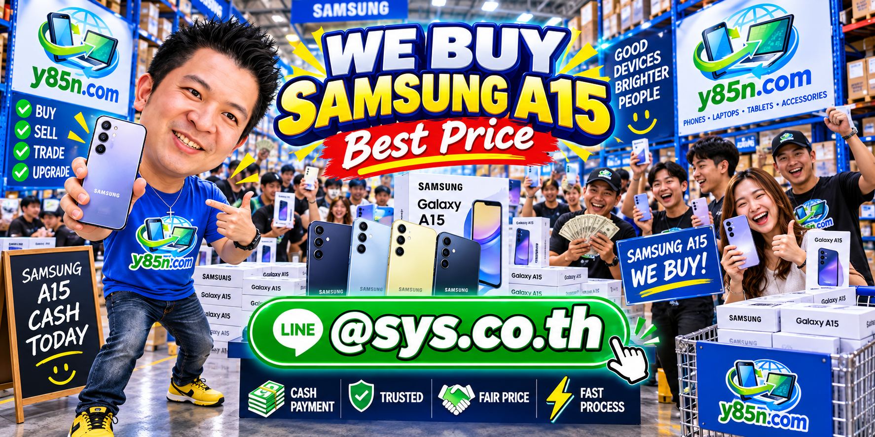 Y85N.com warehouse buying Samsung Galaxy A15 phones from sellers in Thailand