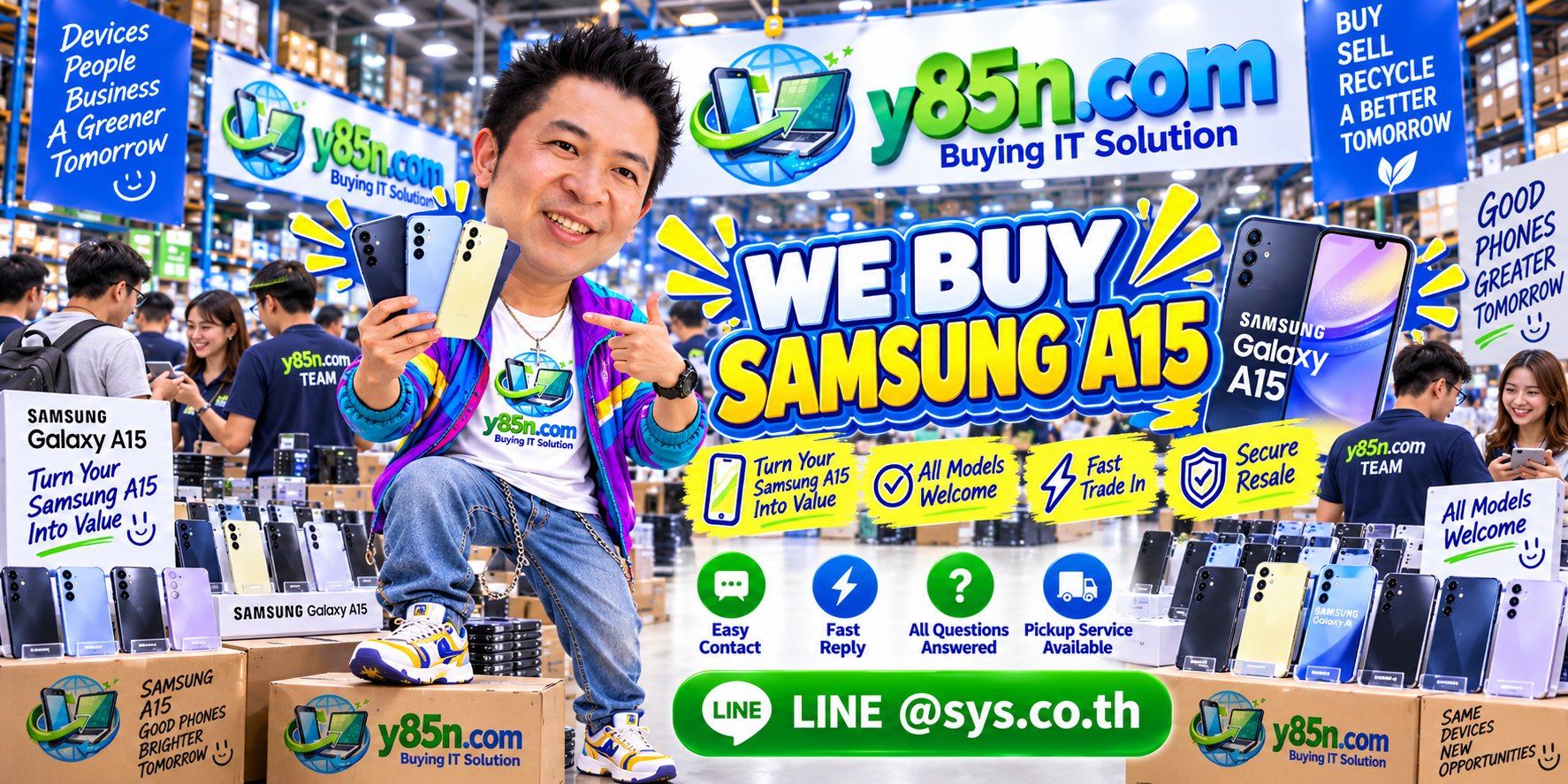 Y85N.com Samsung Galaxy A15 buying service contact banner with LINE at sys.co.th