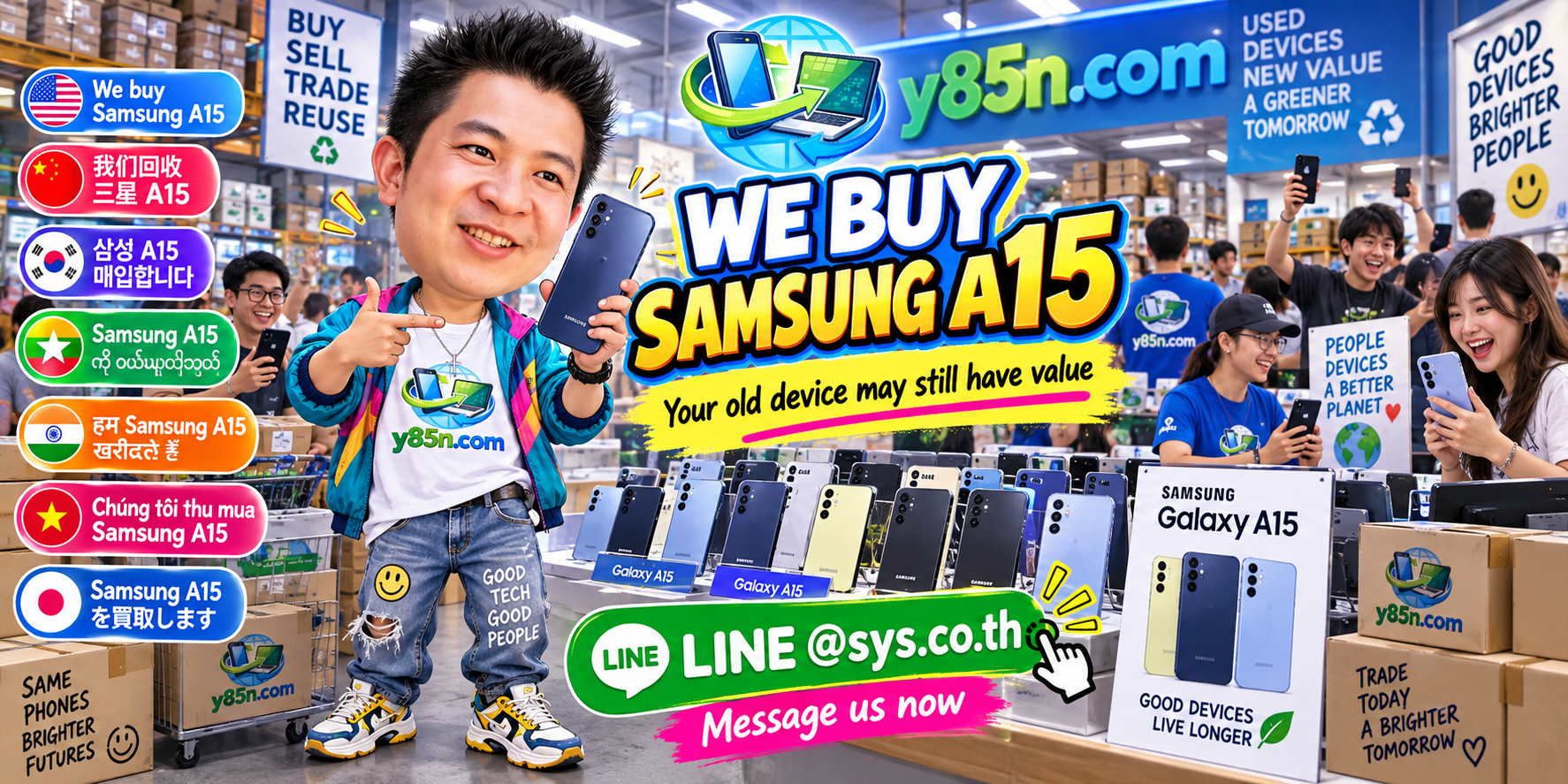 Busy Y85N.com phone buying warehouse focused on Samsung Galaxy A15 devices in Thailand