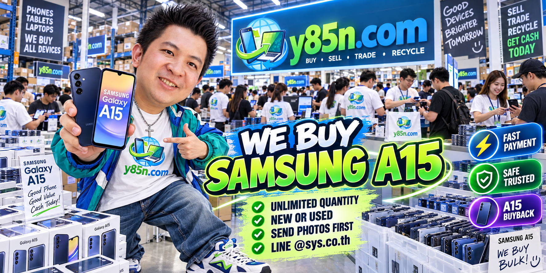 Y85N.com team and customers at a busy Samsung Galaxy A15 buying warehouse in Thailand