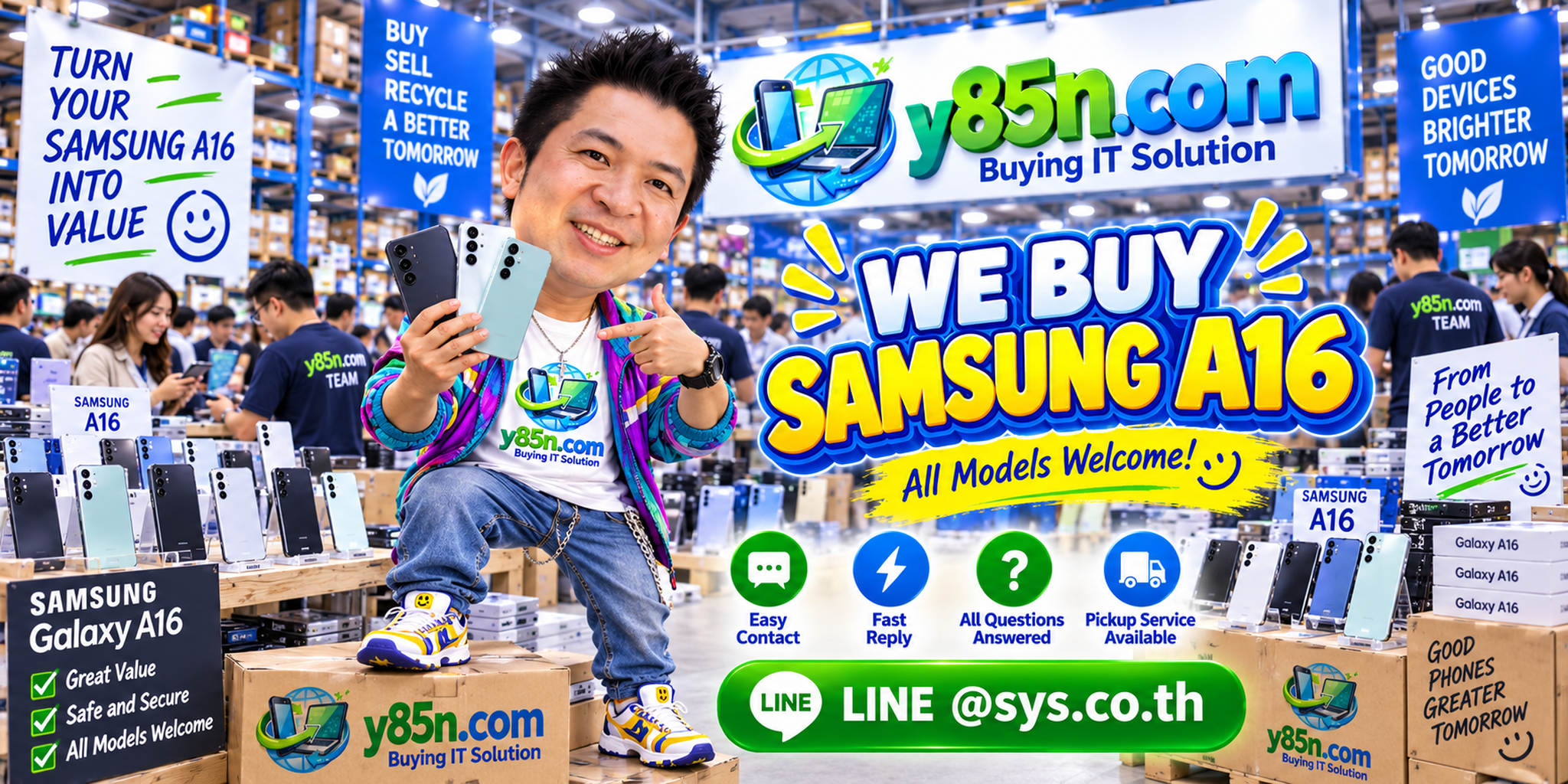 Y85N.com Samsung Galaxy A16 buying service contact banner with LINE at sys.co.th