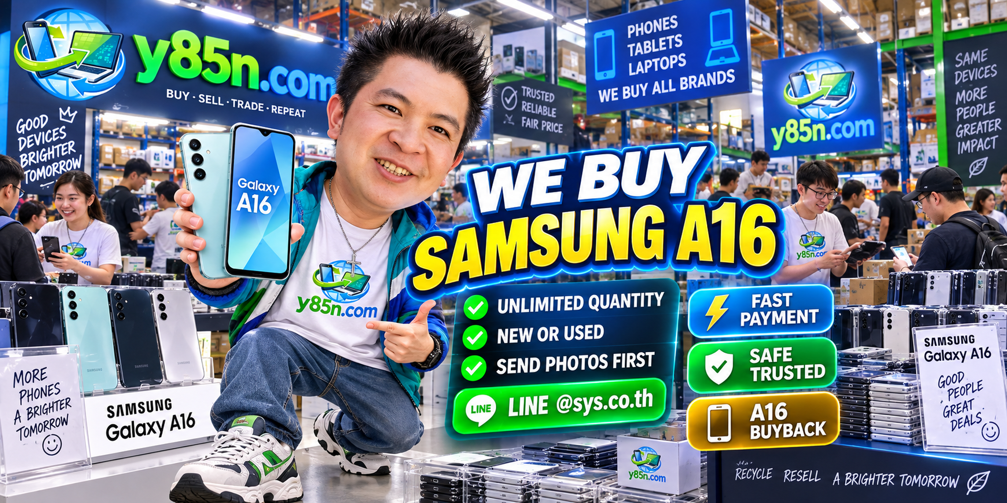 Y85N.com team and customers at a busy warehouse buying Samsung Galaxy A16 phones