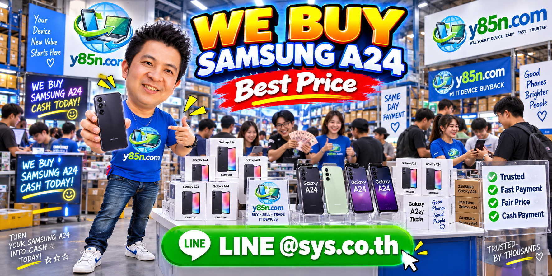 Y85N.com warehouse buying Samsung Galaxy A24 phones with international seller support